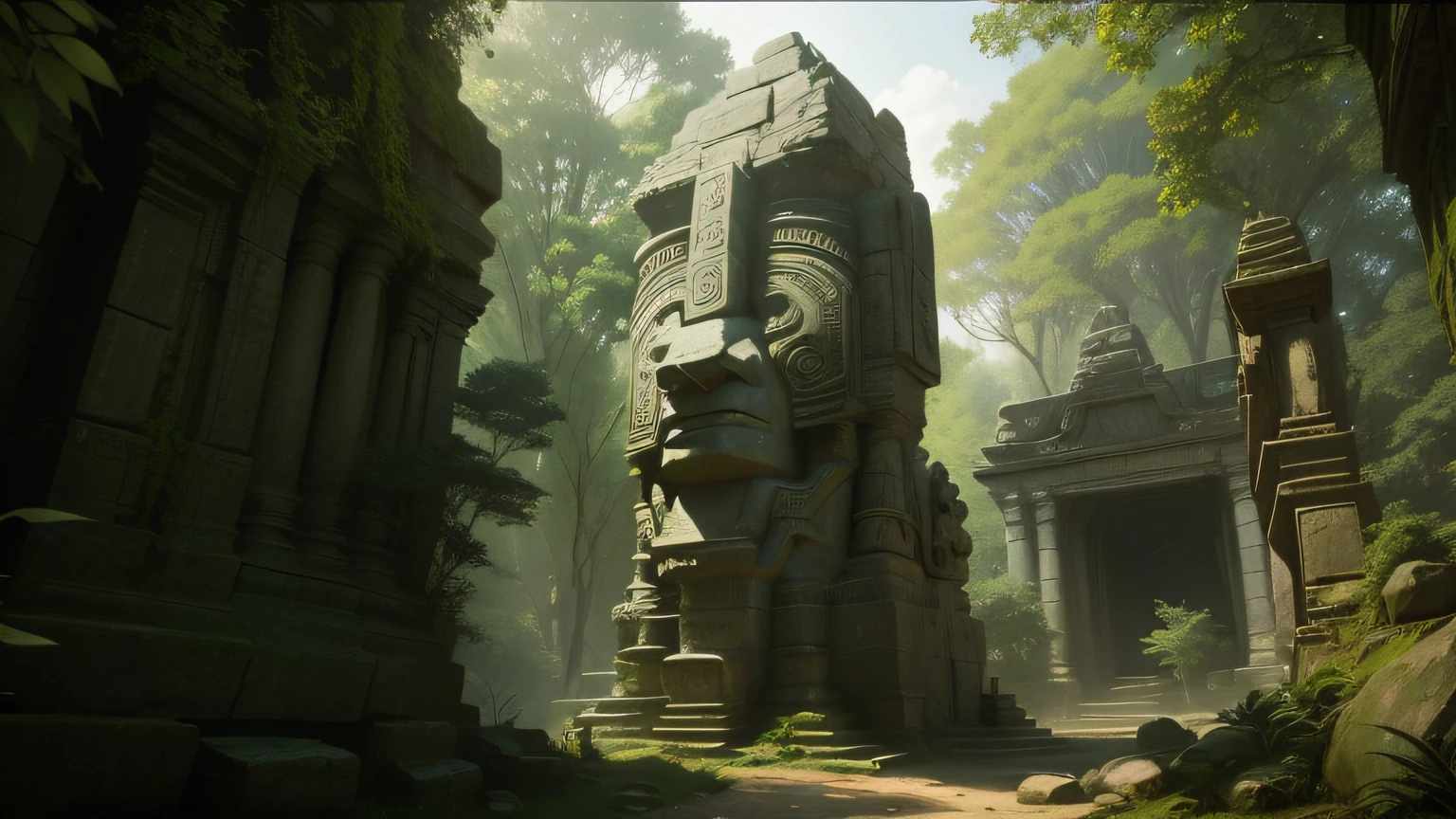 there is a large stone statue in the middle of a forest, unreal maya, cinematic imax shot, by Jang Seung-eop, inca style, cybertronic hindu temple, closeup of the face, playstation 3, autodesk, still from marvel movie, tombs