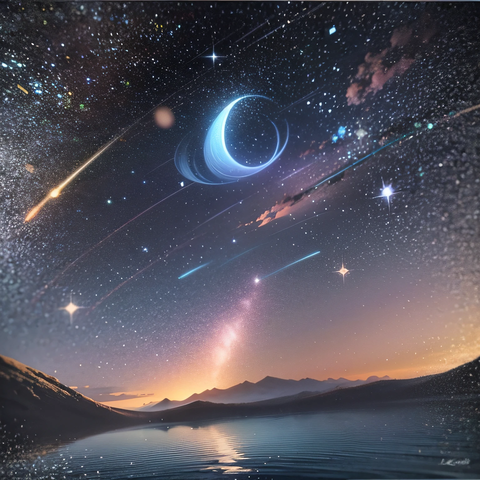 starry night sky with a mountain and a lake, by jessica rossier, inspired by jessica rossier, jessica rossier fantasy art, concept art magical highlight, official artwork, painting of a dreamscape, ethereal realm, atmospheric artwork, dreamy matte painting, tranquility of the endless stars, inspired by Ted Nasmith, moonlit starry sky environment, epic music album cover --auto --s2
