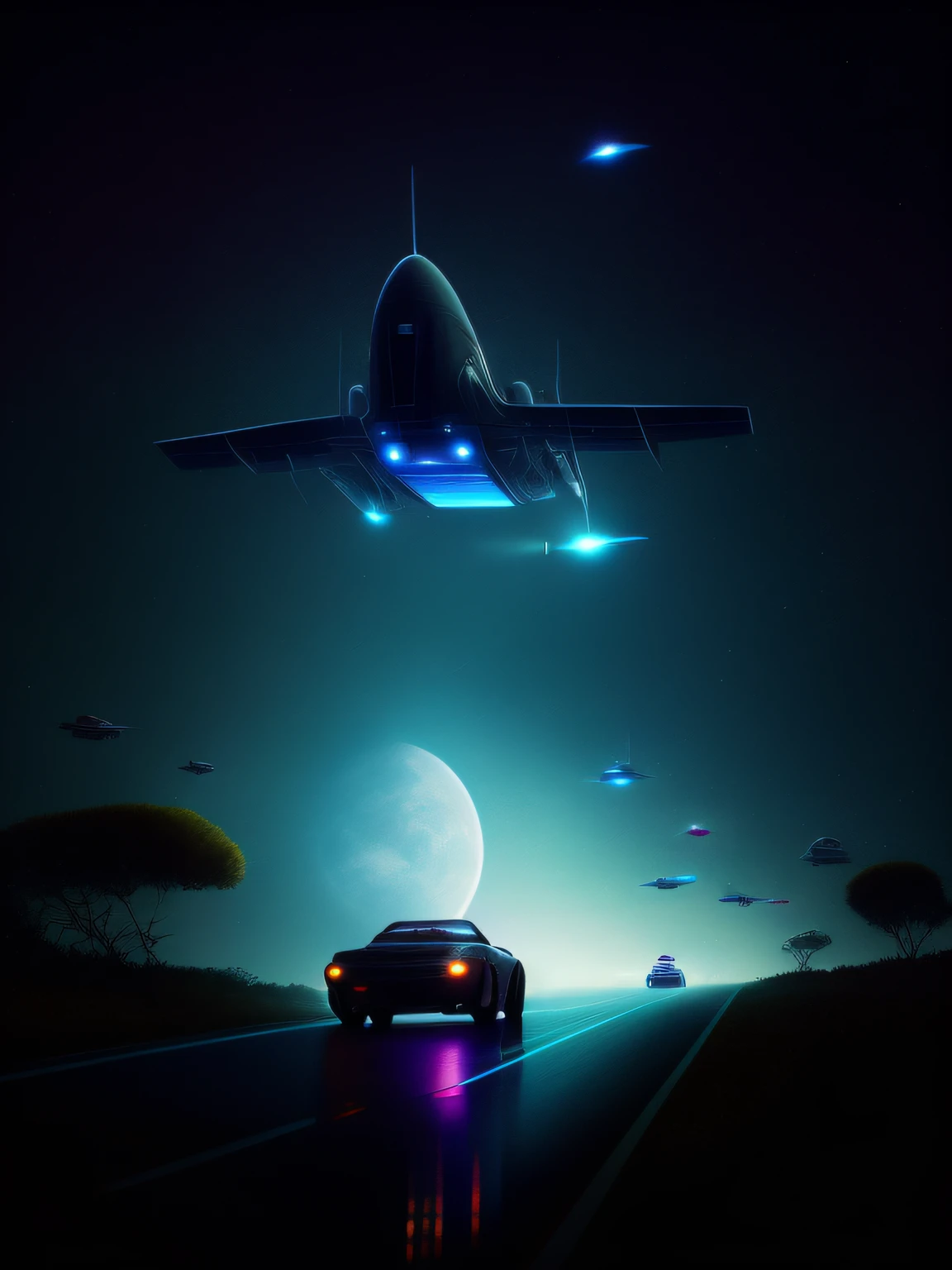 there is a plane flying over a car on the road, spaceships flying in the distance, spaceships parked, spaceships flying in the background, by Christopher Balaskas, spaceships flying above, artem demura beeple, spaceships flying around, with spaceships in the sky, spaceships in the distance, spaceships flying, enemy car chasing, chase, car background well detailed,  realism, realistic debris, realistic car, well detailed car, well realistic asphalt, well detailed asphalt, sky bell realistya, realistic moon