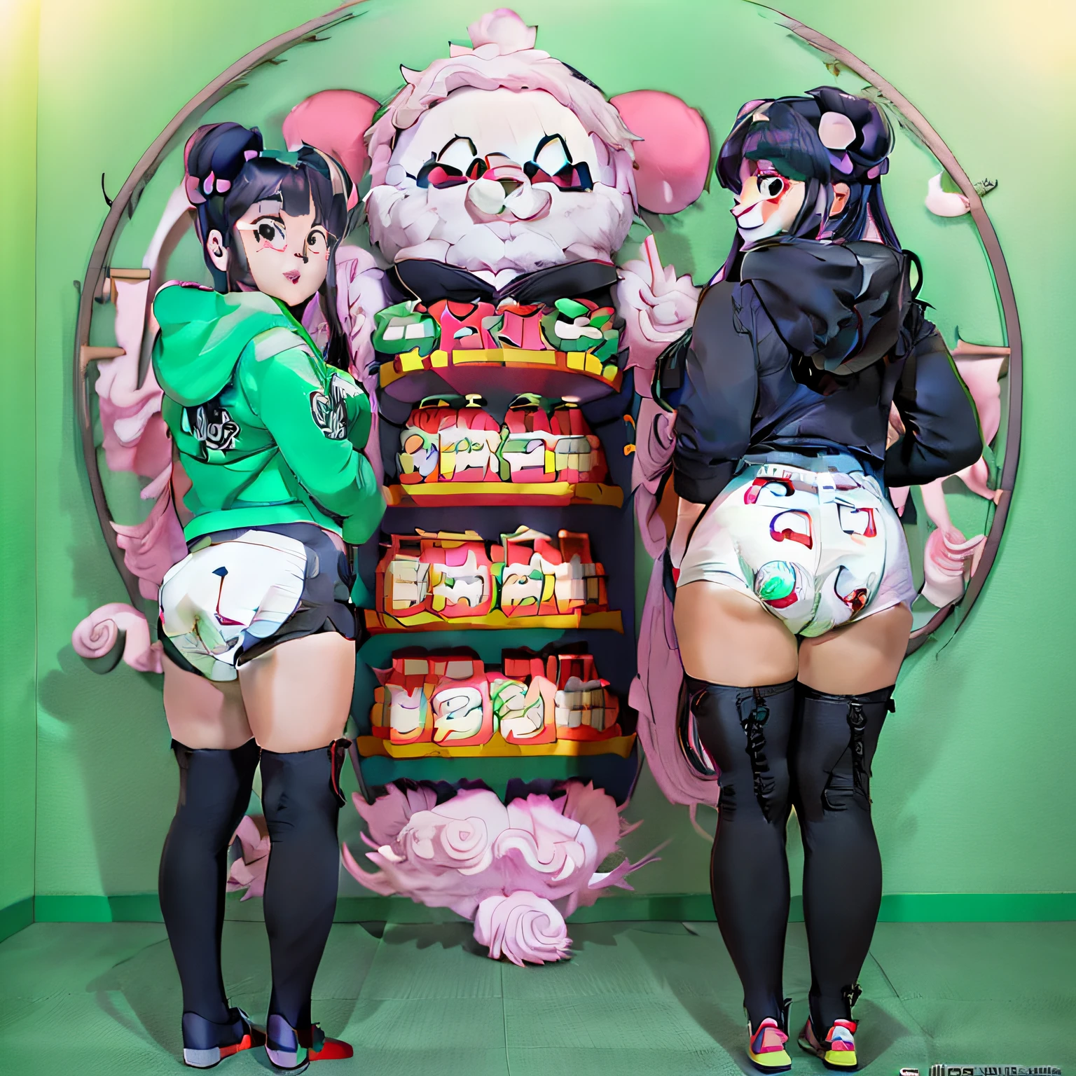 (aesthetic, high quality, ultra detailed CG), a blushing girl, short black hair, big eyes, "panda theme hoodie", wearing a diaper, black thigh high socks and mary jane shoes, a full body portrait, standing up pose, casual dynamic pose, high key lighting, pastel colors, anime-style, light green bright background.