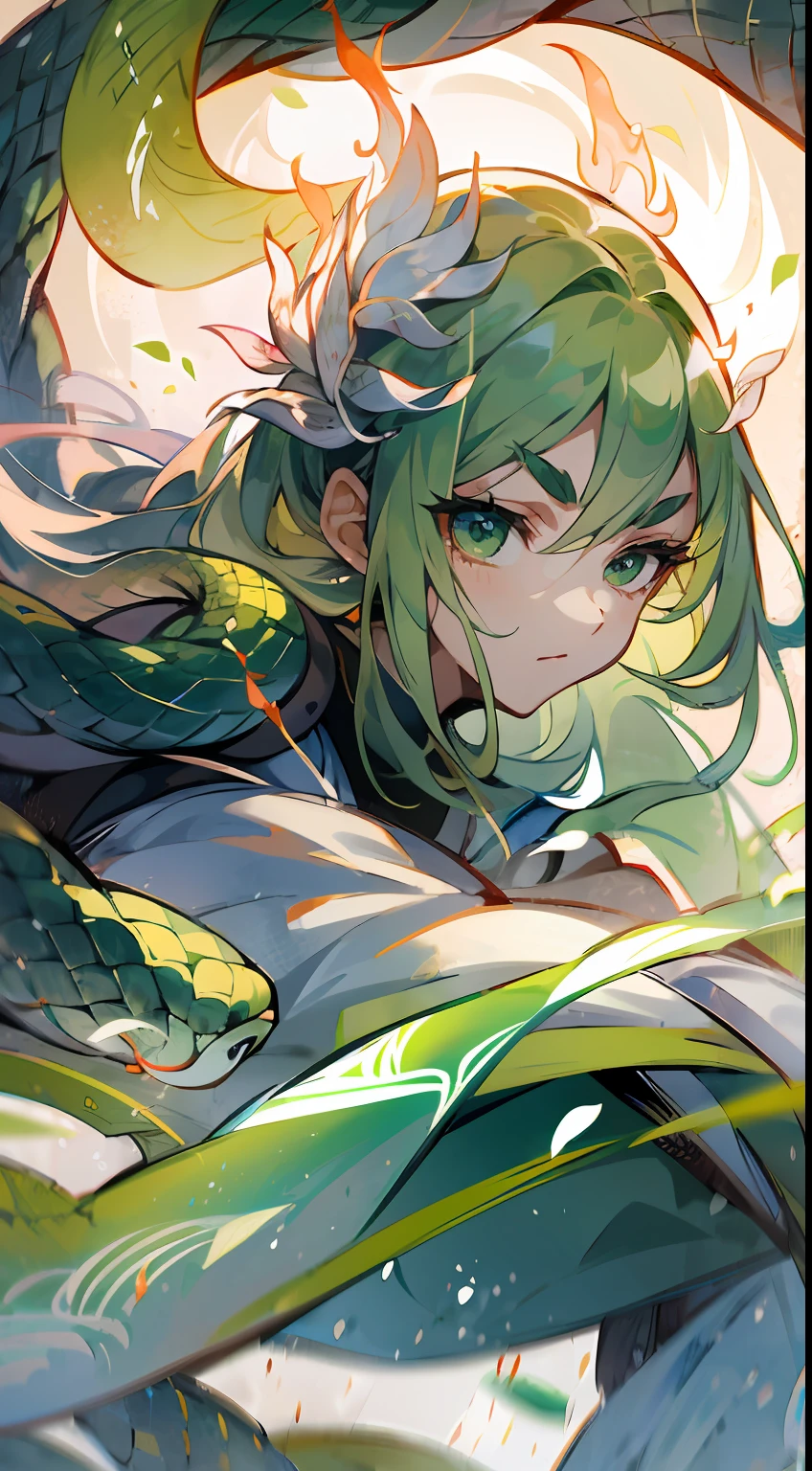 Flowing ink painting style, Snake Clan Girl, ultra-clear face close-up, Magnificent epic scenes, exquisite face, clear eyebrows and eyes, phoenix eye, flying hair, fair skin, Dark green emerald, wearing white clothes, POV view, flowing sleeves, Fluorescent green, dynamic fire inbackground, blank-leaving, huge
Chineseblade attacking the viewer
