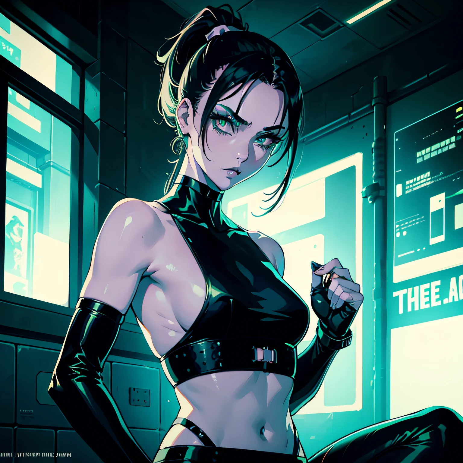 The female protagonist of a cyberpunk game, (green eyes, white skin, black hair with ponytail, choker, small , slim, makeup, Eyeliner, gloss) , Black tech armor, restraint, arms tied up, armpit, shibari, handchigh detailed Future city at night in the back