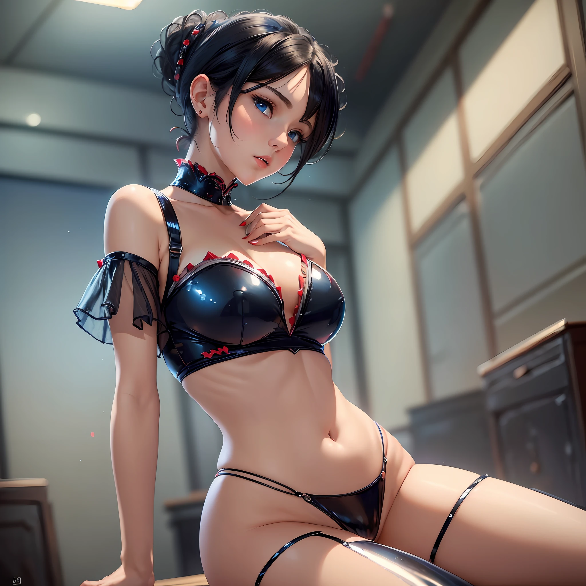 ((masterpiece)), (best quality), (detailed), (1girl), short black hair, blue eyes, updo, red glossy top, glossy stockings, looking down on the audience --auto --s2