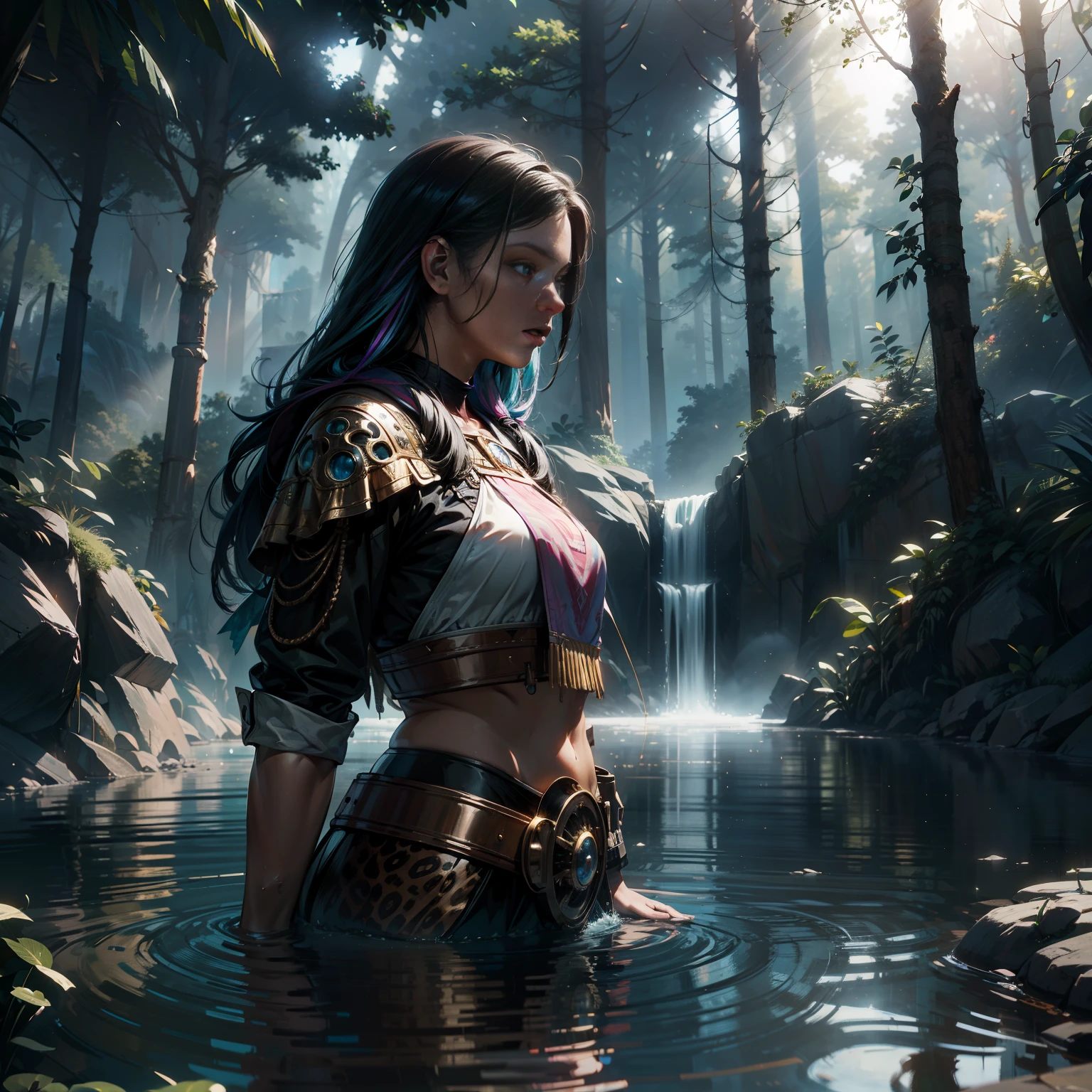 maozonia indigenous girl, 18 years old, bathing in a river, in the middle of the forest, a jaguar watching from afar, sad, Clockpunk, Gamercore, street level view, Blender rendering, 100mm, Sculpture, iridescent colors, Medicalcore, strobe lighting, ultra realistic, photorealistic, octane render, unreal engine, hyper detailed, volumetric lighting, hdr, octane render, fantasy 4k 8K