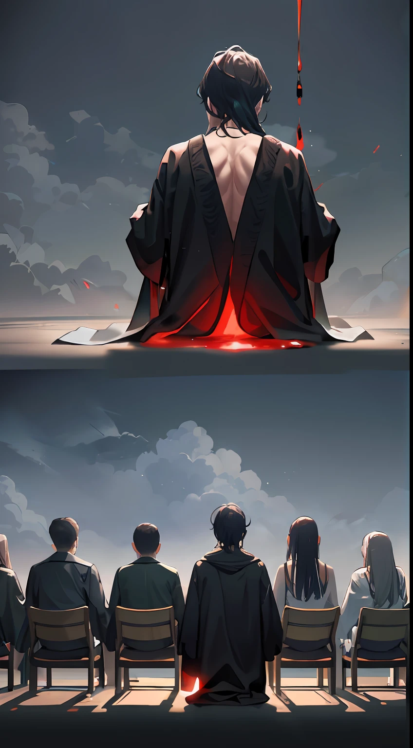 This is a man sitting with his back to the audience, unable to see men and women clearly, wearing a black robe with a robe on the ground, surrounded by mysterious characters and red liquid. Overhead is a black cloud.