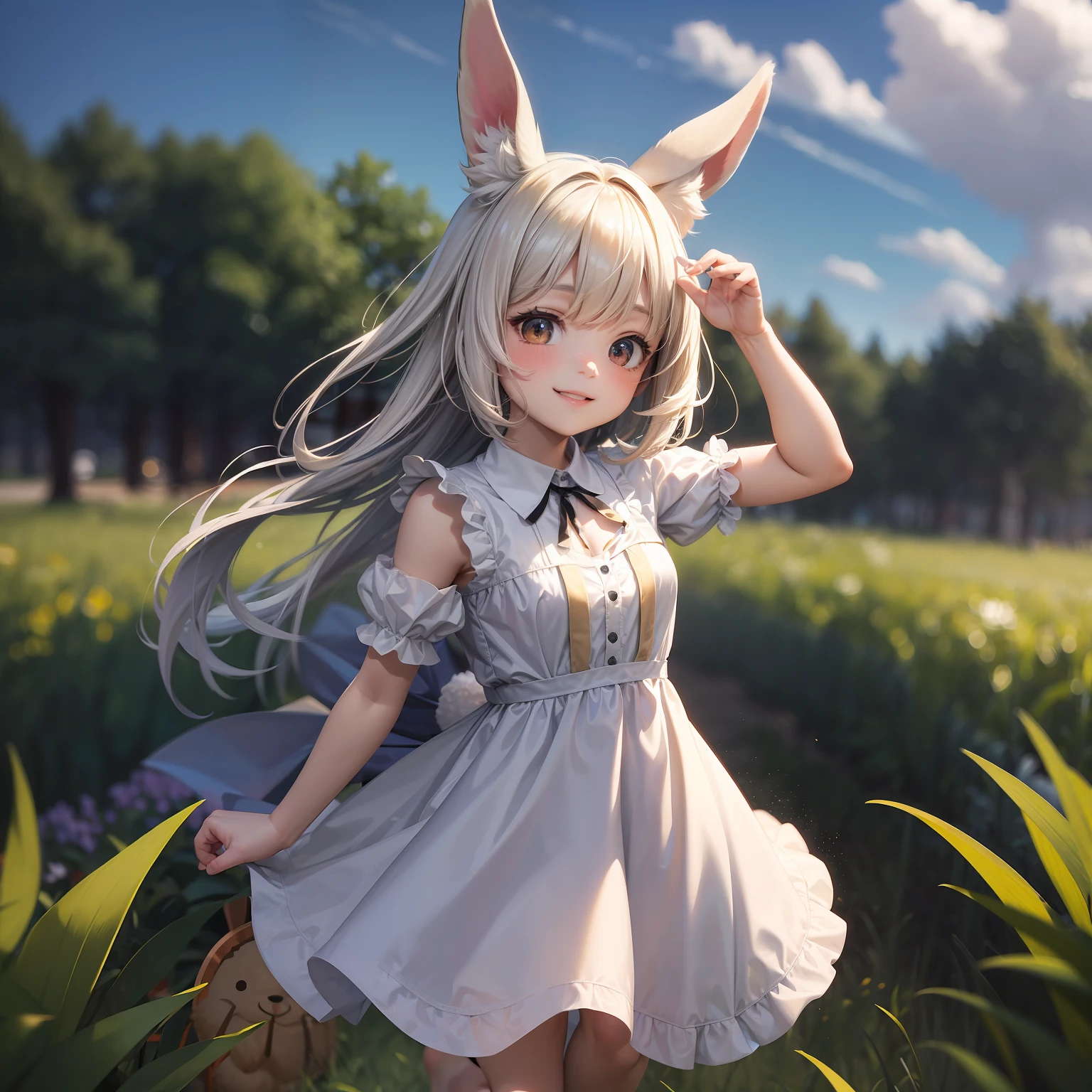 ((Masterpiece, Best Quality)), 1 Girl, Solo, Animal Ears, Rabbit, Barefoot, Knee Up, Dress, Standing, Rabbit Ears, Short Sleeves, Looking at the Audience, Grass, Shorthair, Smile, White Hair, Fluffy Sleeves, Outdoor, Puffy Short Sleeves, Bangs, Ground, Full Body, Animal, White Dress, Sunlight, Brown Eyes, Dappled Sunlight, Sky, Depth of Field --auto --s2
