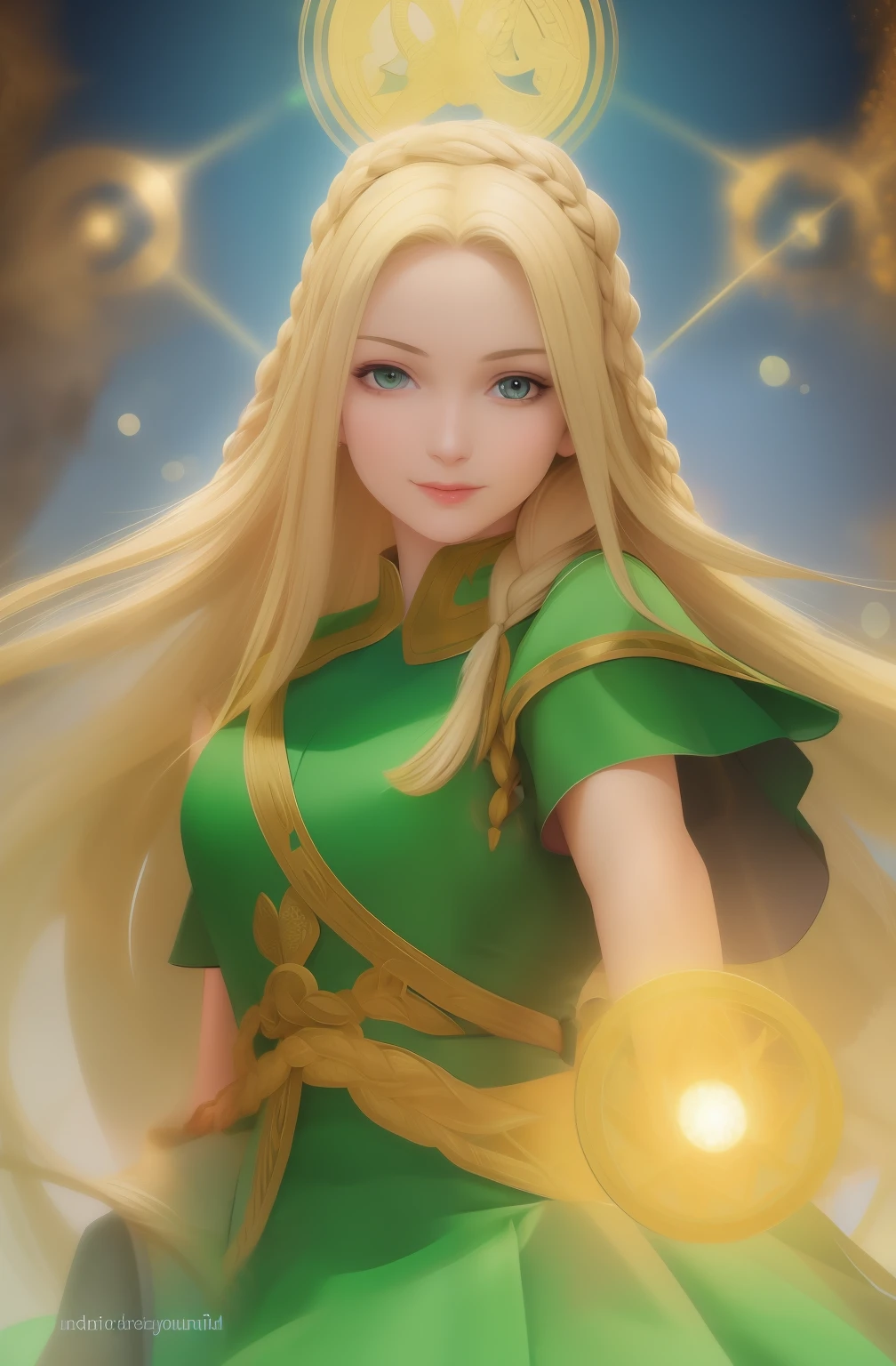 best quality, masterpiece, upper body,
(adult:1.6) ukrainian woman, (smirk:0.4), 
braided blonde hair,
emerald eyes,
medieval sundress,
 floating light particles, centered,