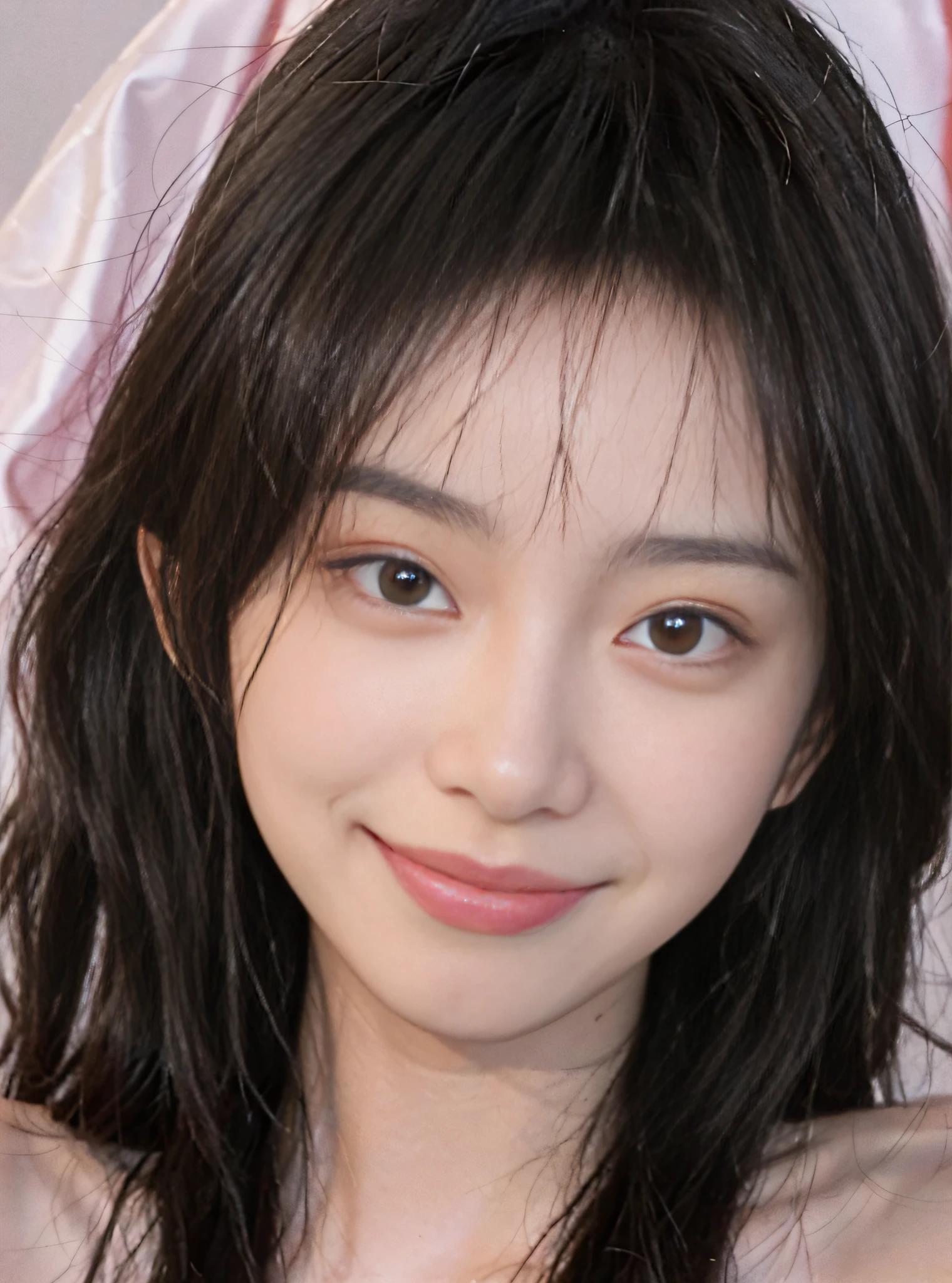 8K, Best Quality, Masterpiece, Ultra High Resolution, (Realism: 1.4), Original Photo, (True Skin Texture: 1.3), (Film Grain: 1.3), (Selfie Angle), 1 Girl, Beautiful Emerald Gemstone Eyes and Delicate Facial Details, Pink Top, Masterpiece, Best Quality, Close Up, Upper Body, Looking at the Viewer, (Smile: 1.5)