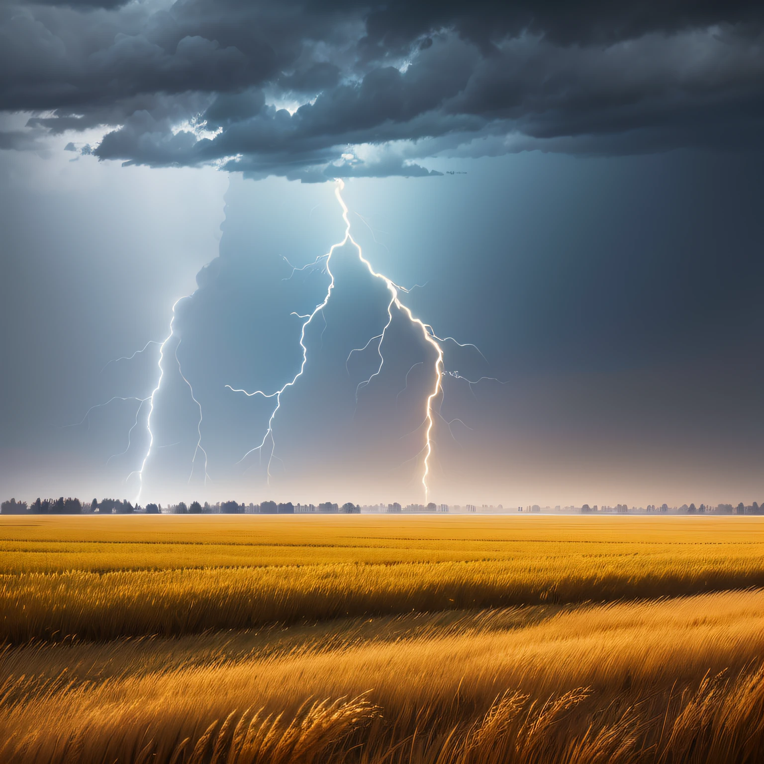 Golden wheat field, ditch green water, trees on the edge of the field, wind, heavy rain, lightning in the air, masterpiece, 4K, light and shadow color contrast is obvious, colorful, real, depth of field, high-quality photography --auto --s2