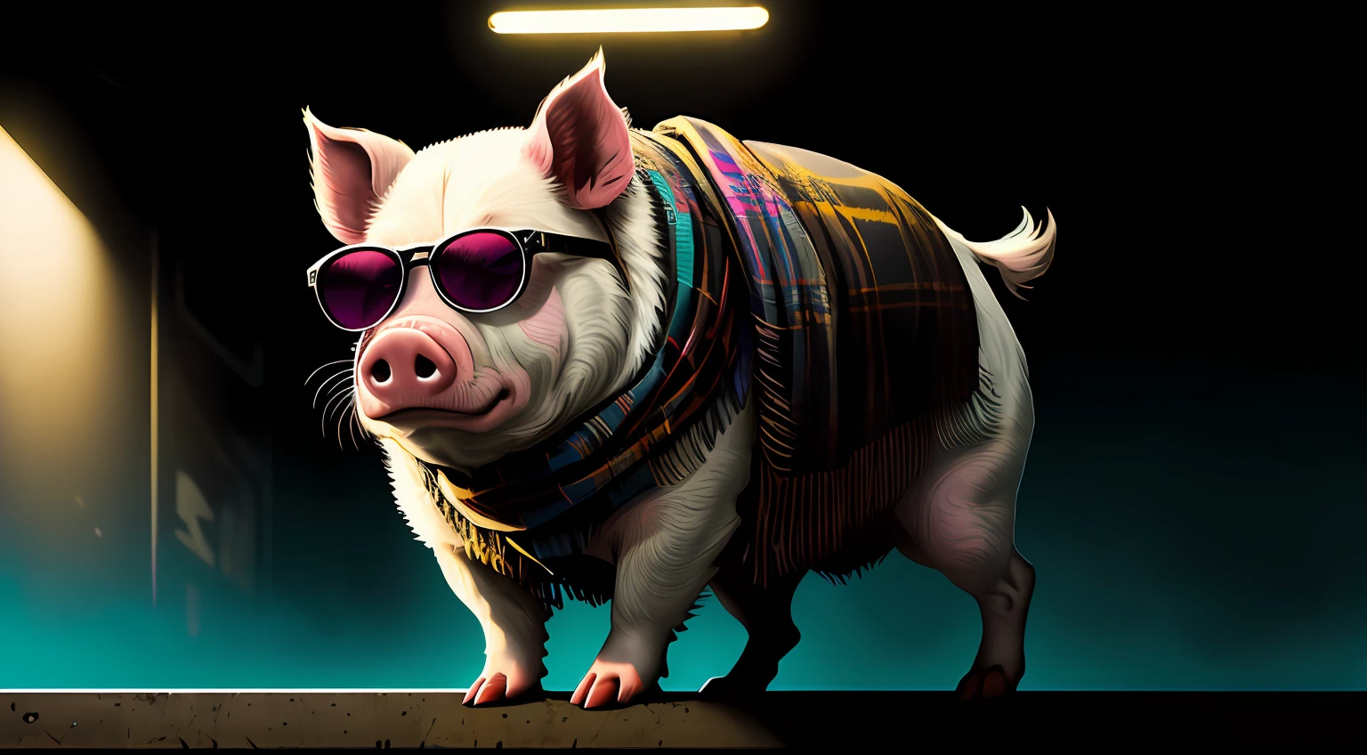 (Dark Shot: 1.1), Epic Realism, A Pig Wearing Sunglasses, Tartan Scarf, by Greg Rutkowski, by Greg Tocchini, by James Gilleard, by Joe Fenton, by Kaethe Butcher, Gradient Yellow, Black, Brown, and Magenta Color Scheme, Grunge Aesthetics!!! Graffiti tag wall background, artwork by Greg Rukowski and Artgerm, soft cinematic light, Adobe Lightroom, PhotoLab, HDR, intricate, very detailed, (depth of field: 1.4), faded, (neutral color: 1.2), (HDR: 1.4), (Pastel Colors: 1.2), Ultra Detailed, (ArtStation: 1.4), Film, Warm Light, Dramatic Light, (Intricate Details: 1.1), Complex Backgrounds, (Rutkowski: 0.66), (Teal and Orange: 0.4)
