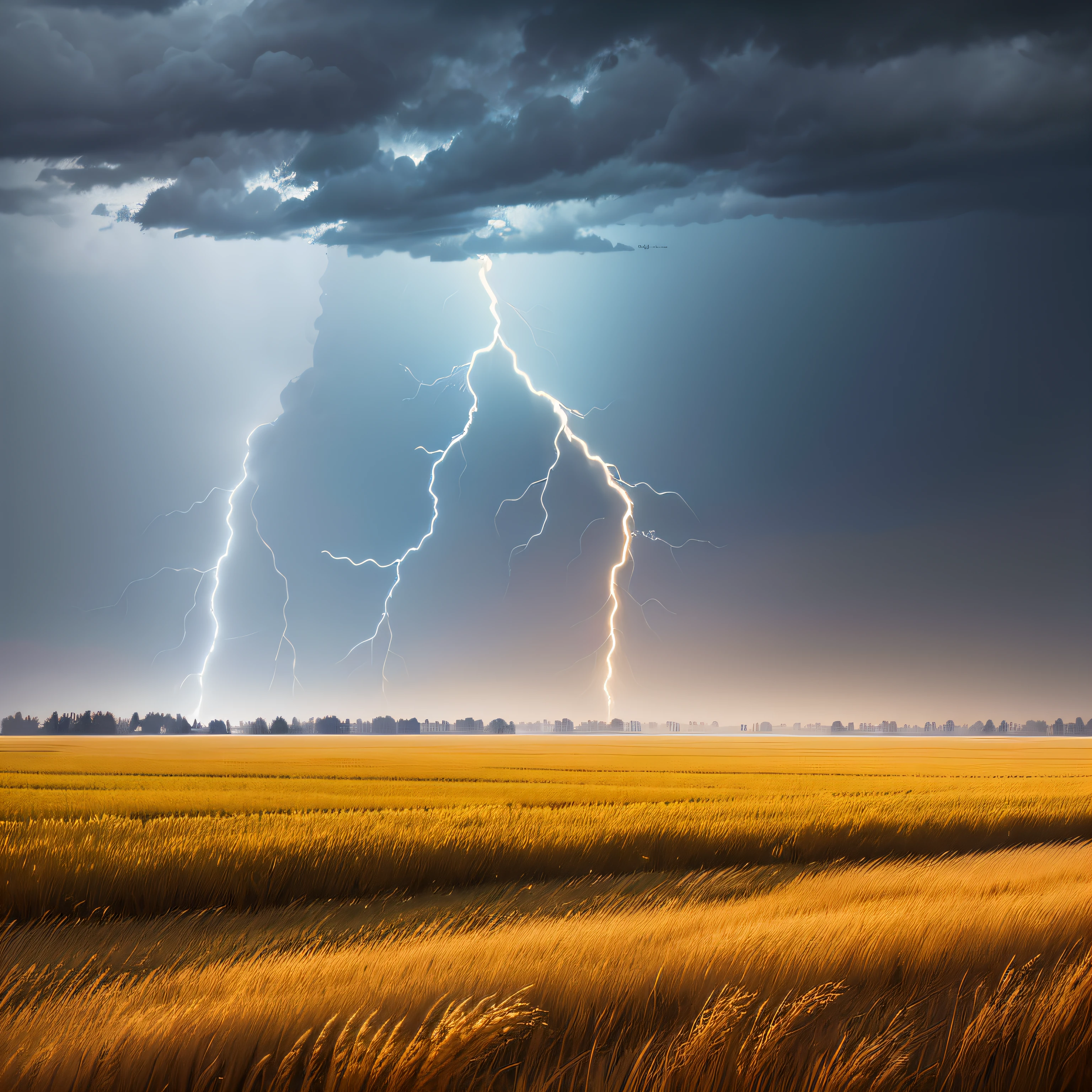 Golden wheat field, ditch green water, trees on the edge of the field, wind, heavy rain, lightning in the air, masterpiece, 4K, light and shadow color contrast is obvious, colorful, real, depth of field, high-quality photography --auto --s2