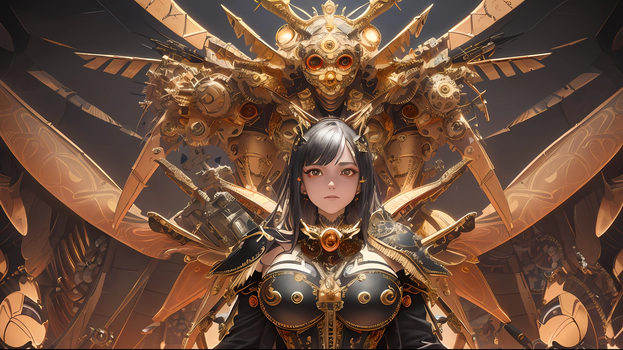 (masterpiece, best quality, absurdres:1.4), (highly detailed CG illustration), cinematic light, (official art:2.0),  1girl, upper body, mechanical wings, (by Dave Seeley:1.7), (Maximalism:2), (complicated background, complicated decorations, complicated dress, gold decorations, copper decorations:2), (red blood eyes, crying, tears:1.4),  (eye mask:1.2), (extreme detailed:1.5),(fractal art:1.7),highest detailed, clockpunk, steampunk, gears, cubism, mechanical, dynamic pose,( implants:1.5)