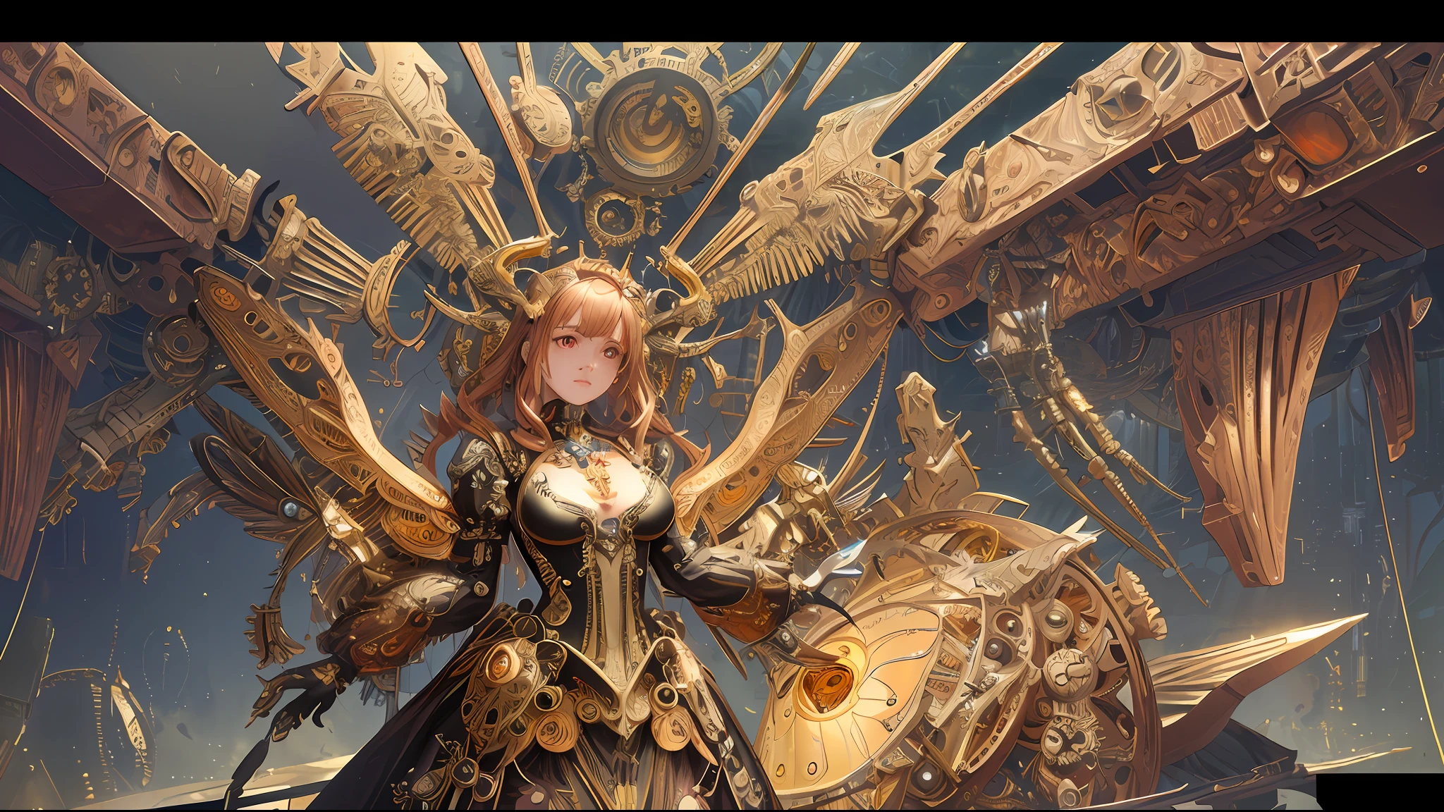 (masterpiece, best quality, absurdres:1.4), (highly detailed CG illustration), cinematic light, (official art:2.0), 1girl, upper body, mechanical wings, (by Dave Seeley:1.7), (Maximalism:2), (complicated background, complicated decorations, complicated dress, gold decorations, copper decorations:2), (red blood eyes, crying, tears:1.4), (eye mask:1.2), (extreme detailed:1.5),(fractal art:1.7),highest detailed, clockpunk, steampunk, gears, cubism, mechanical, dynamic pose,( implants:1.5)