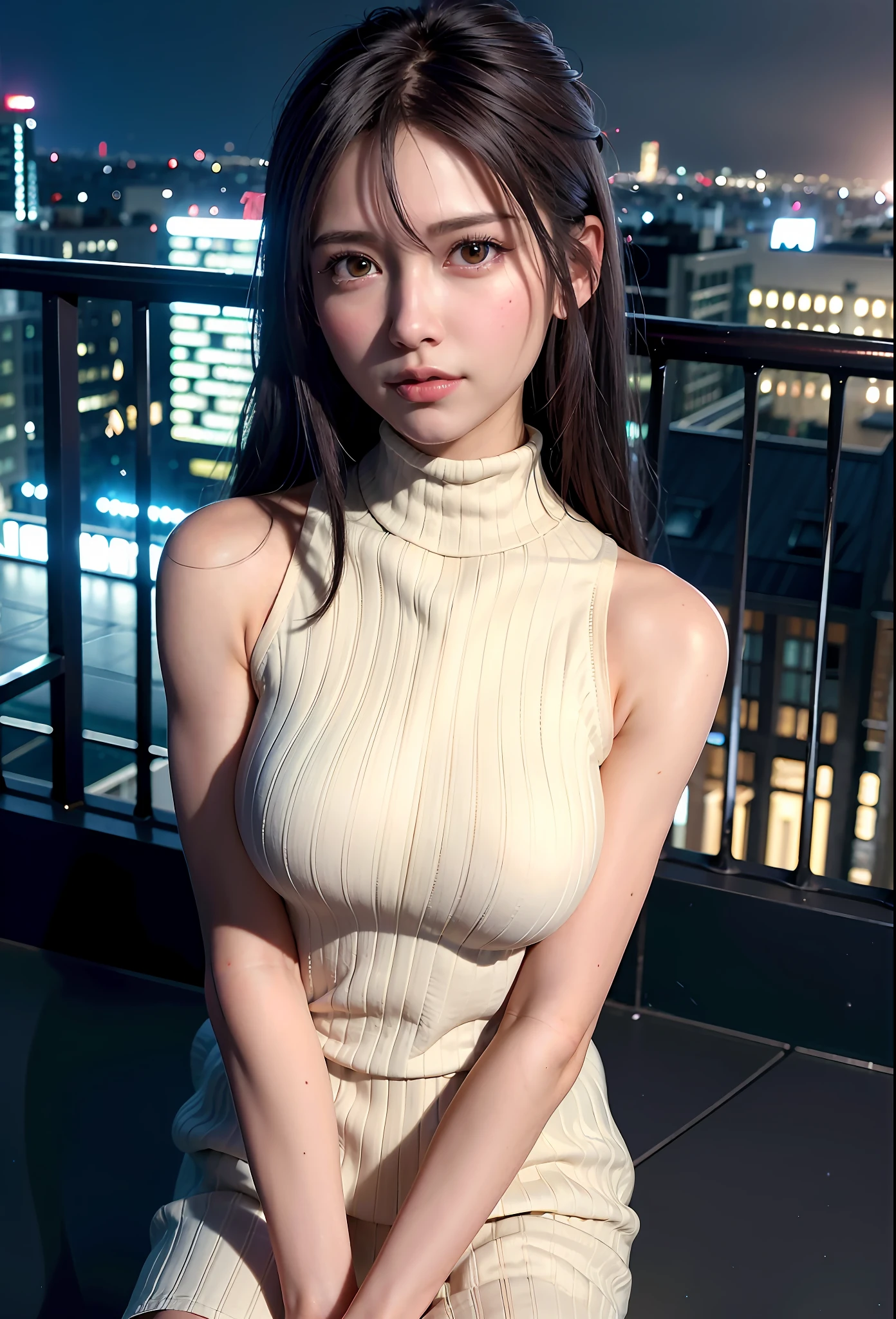 +masterpiece,best quality,official art,extremely detailed cg unity 8k wallpaper, (((turtleneck))), Volumetric Lighting,dynamic angle, scratches, extremely delicate and beautiful, (1girl), ((beautiful detailed face)), (((sitting on the roof of the building on the side))), long black hair, (highly detailed), more clear, slightly drunk makeup, blush, tender lips, long eyelashes, bright big eyes, movie lighting, master works, high detail, 8k resolution, colorful picture, light and shadow details, extremely delicate beautiful girl, tender and fair skin, exquisite facial features, perfect face, round chest, black turtleneck evening dress, perfect figure, stunning beauty, extreme Details, realistic details, (night view of street lights in the distance),