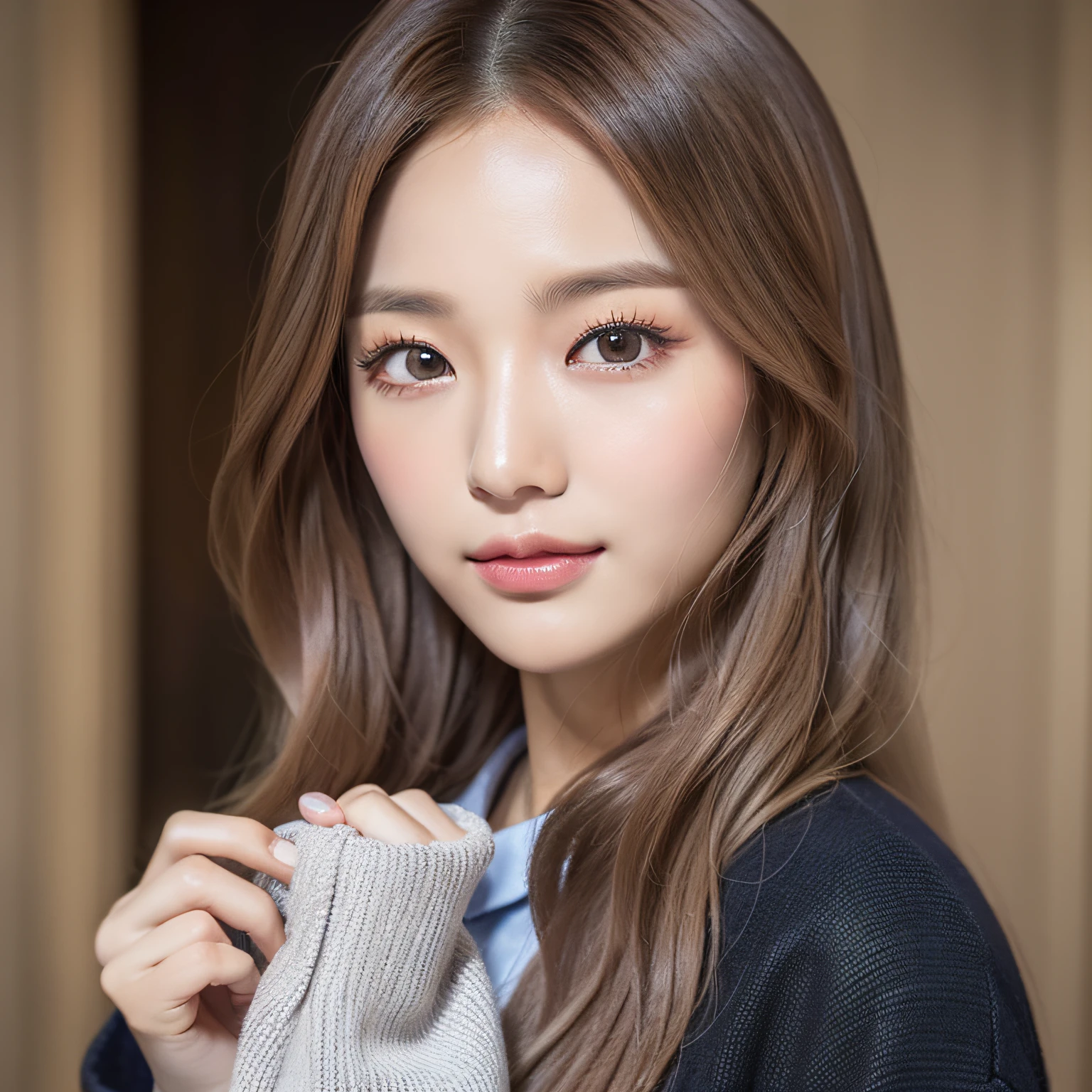 (a Korean girl: 1.5), (a woman), (best quality, 8k, masterpiece: 1.3)), sharp focus: 1.2, upper body, perfect figure: 1.4, slim: 1.2, happy expression, smile, coffee long sleeve shirt, shirt, with pleated skirt, with complementary tones, elegant, highly fine face and skin texture, detailed eyes, double eyelids, long eyelashes, fine eyelashes, fine cloth texture