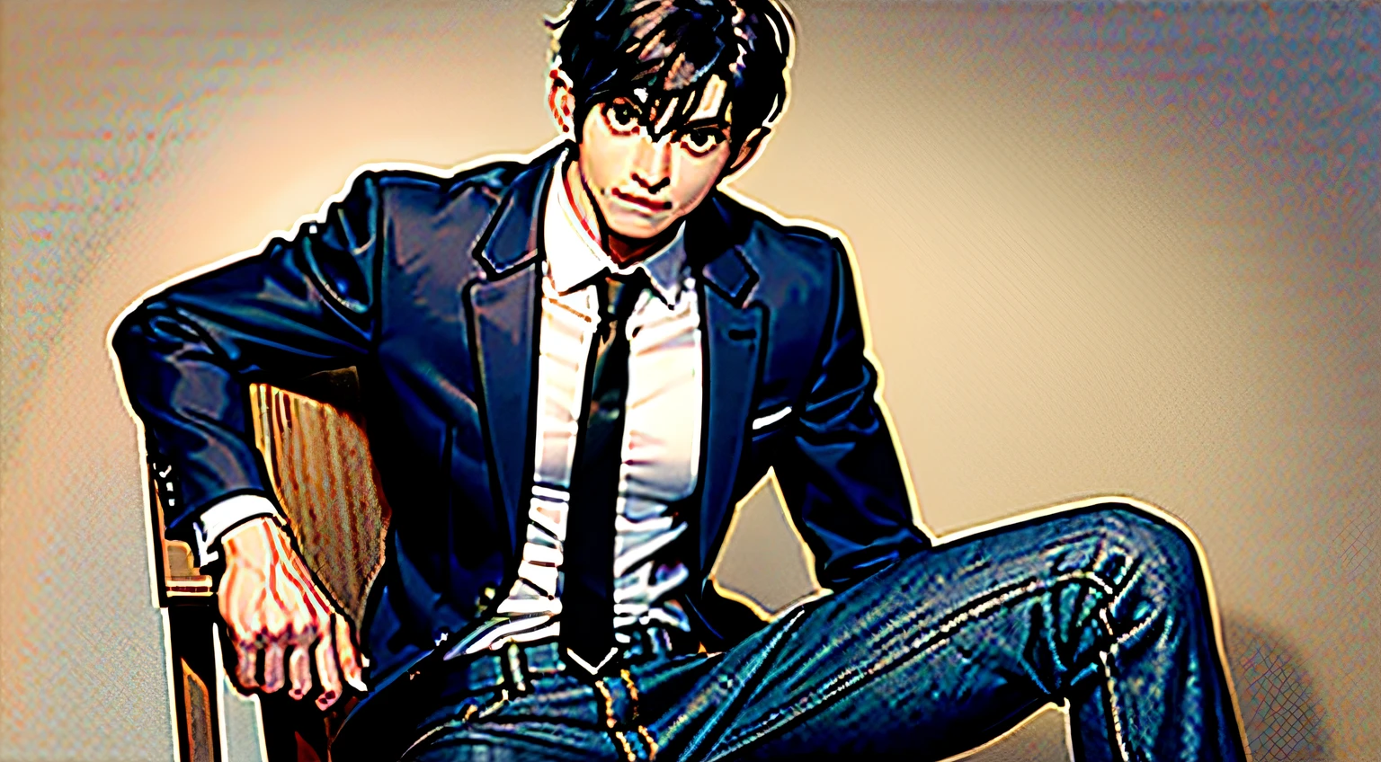 (Masterpiece, best quality, super detailed, best shadows), (high resolution, distinct_image), very detailed CG unity 8k wallpaper, 1boy, short hair, black hair, black eyes, closed mouth, hair between eyes, muscle man, denim shot, blazer, black pants, watch, white shirt, long sleeves, male focus, tie, sitting,