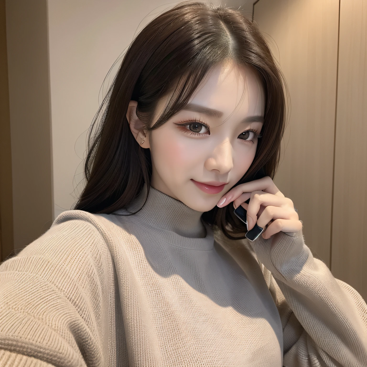 (a Korean girl: 1.5), (a woman), (best quality, 8k, masterpiece: 1.3)), sharp focus: 1.2, upper body, perfect figure: 1.4, slim: 1.2, happy expression, smile, coffee long sleeve shirt, shirt, with pleated skirt, with complementary tones, elegant, highly fine face and skin texture, detailed eyes, double eyelids, long eyelashes, fine eyelashes, fine cloth texture