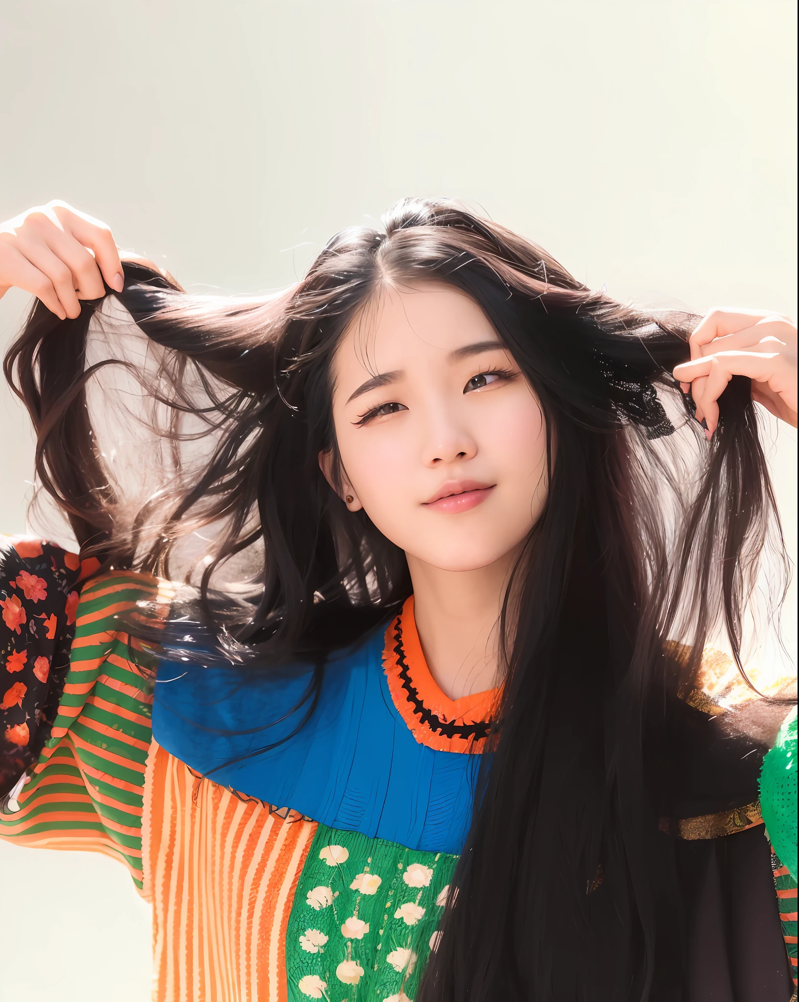 arafed woman with long black hair holding up her hair, jaeyeon nam, iu lee ji-eun as a super villain, lee ji-eun, lee ji - eun, gongbi, portrait of female korean idol, bae suzy, sha xi, lulu chen, inspired by Kim Jeong-hui, park ji-min, taejune kim