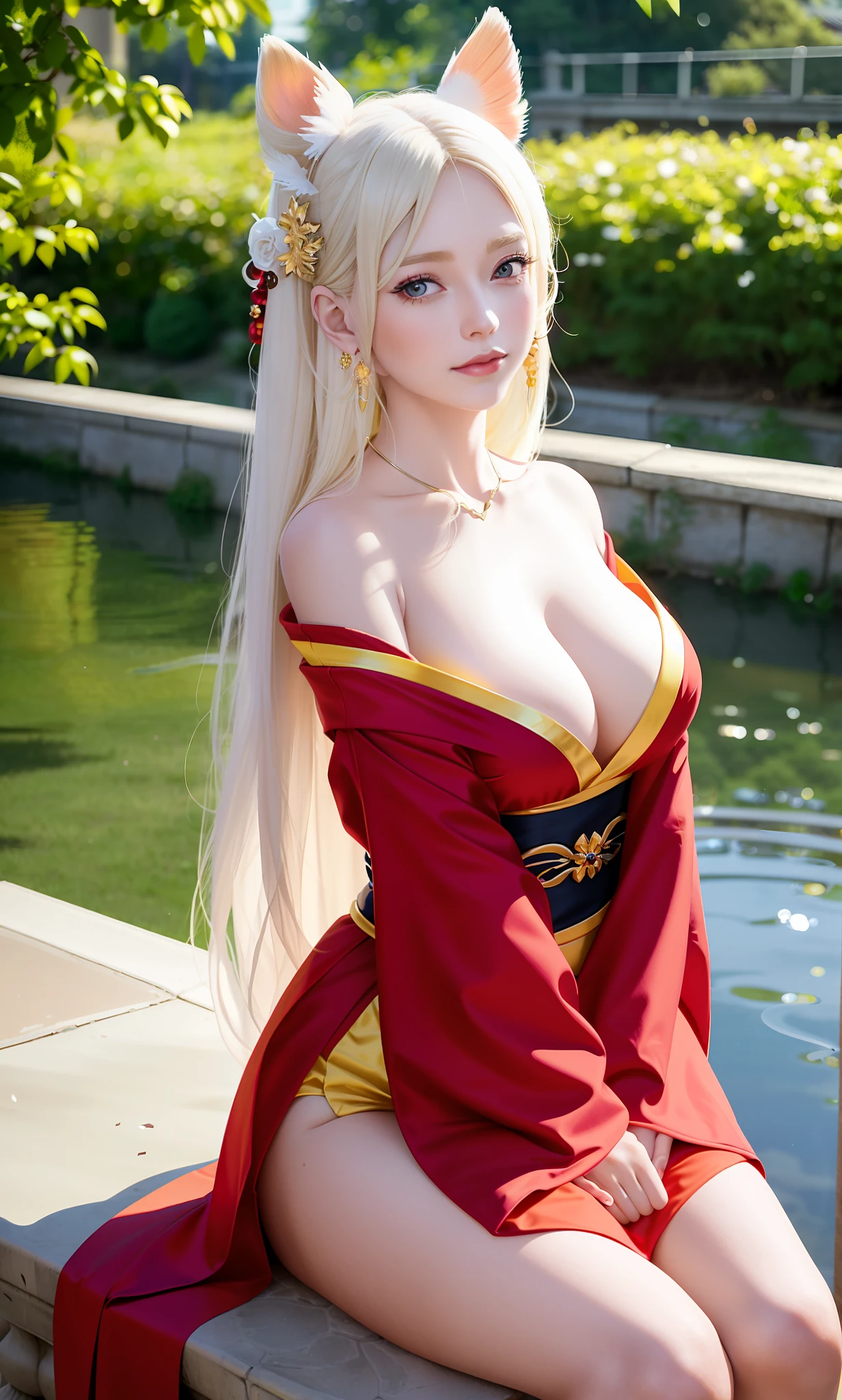 blond haired woman in a red and yellow dress sitting on a ledge, anime girl cosplay, japanese goddess, anime cosplay, elegant glamourous cosplay, anime goddess, blonde goddess, a beautiful fantasy empress, cosplay, blonde - haired princess, ((a beautiful fantasy empress)), cosplay photo, edelgard from fire emblem, traditional beauty, beautiful maiden, professional cosplay, glamourous cosplay