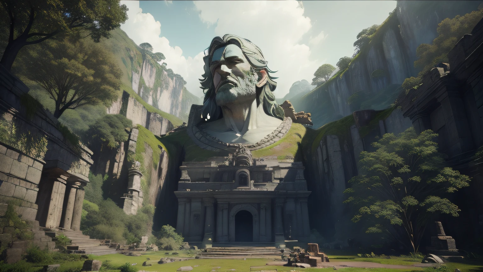 there is a large statue of a man in the middle of a mountain, maya engine, gigantic pillars and flowers, unreal maya, inspired by Robert Adamson, streaming on twitch, unreal engine - h 7 6 8, giant head statue ruins, lot of exotic vegetation, on realistic hud, peru, by Willem Pieterszoon Buytewech, new gods