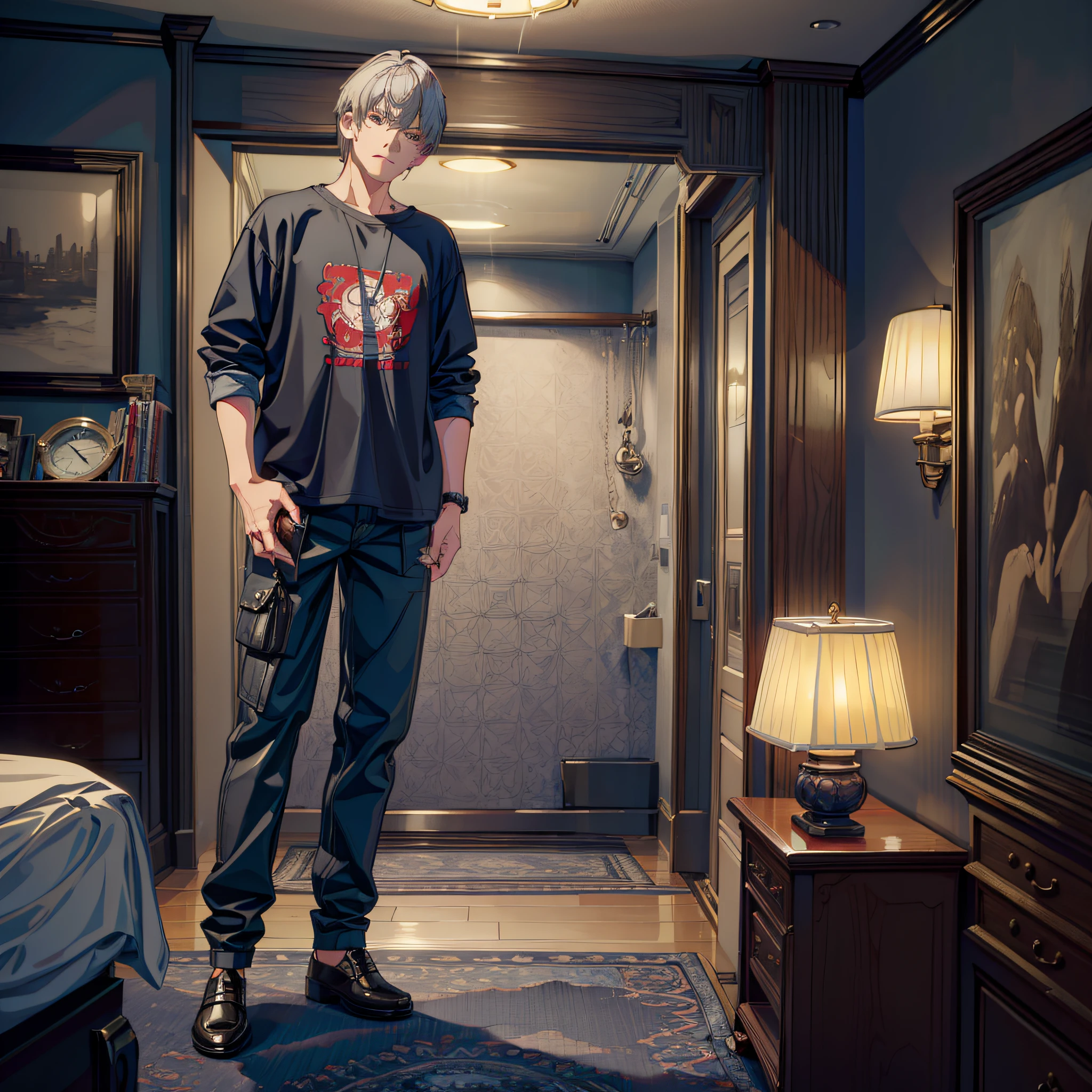 (Masterpiece, super detail, high detail, best quality, 8k, living room, home lighting), (man, short gray hair, casual clothes, high detail skin) immediately put down the phone and angrily scolded me
