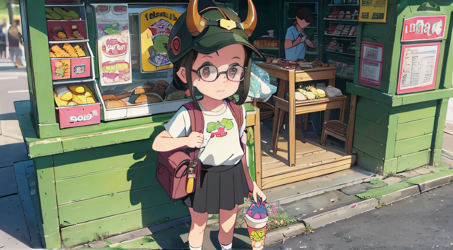 Five-year-old girl wearing a bull demon helmet, carrying an olive green backpack, denim strap skirt, black-framed glasses, full-body shot, standing in front of the kiosk eating ice cream, Pux style-ar 16:9 --auto --s2