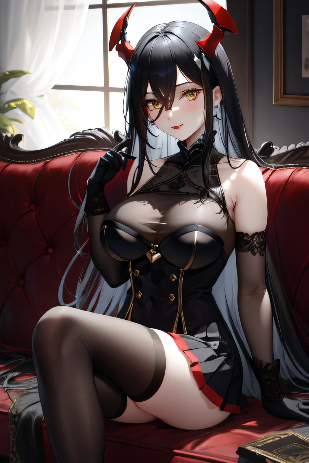 (masterpiece), volumetric lighting, detailed eyes, hyper detailed, highly detailed, beautiful, small details, ultra detailed, best quality, absurdres, (extremely detailed CG, unity, 8k wallpaper:1.1), 1girl, black hair, friedrich der grosse \(azur lane\), highres, long hair, looking at viewer, solo, light smile, red lips,, full body, lace-trimmed legwear, lace-trimmed gloves, thigh highs, highly detailed lace cloth, sofa, sitting, indoor background, crossed legs, armpits, (skindentation:1.1), zettai ryouiki, silver earrings , black gloves, elbow gloves, (pleated skirt:1.1)