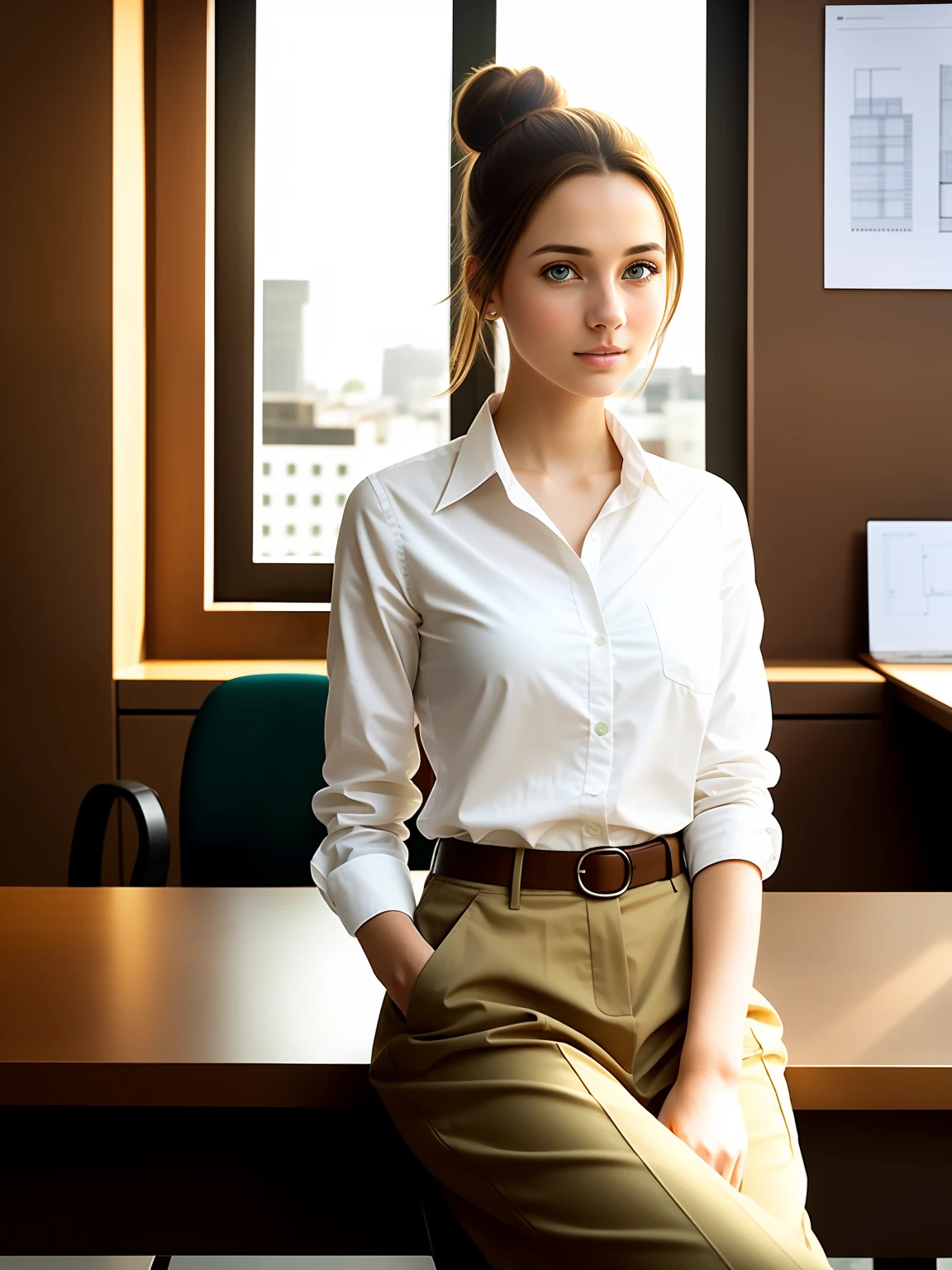 an architect girl, european, sitting at the table, small natural breasts, slender figured, light brown-haired, green-brown eyes, wearing classic shirt, white shirt, bun hairstyle, (modern architect's office:1.1), epic realistic, (hdr:1.1), intricate detail, detailed background, intricate, cinematic, detailed