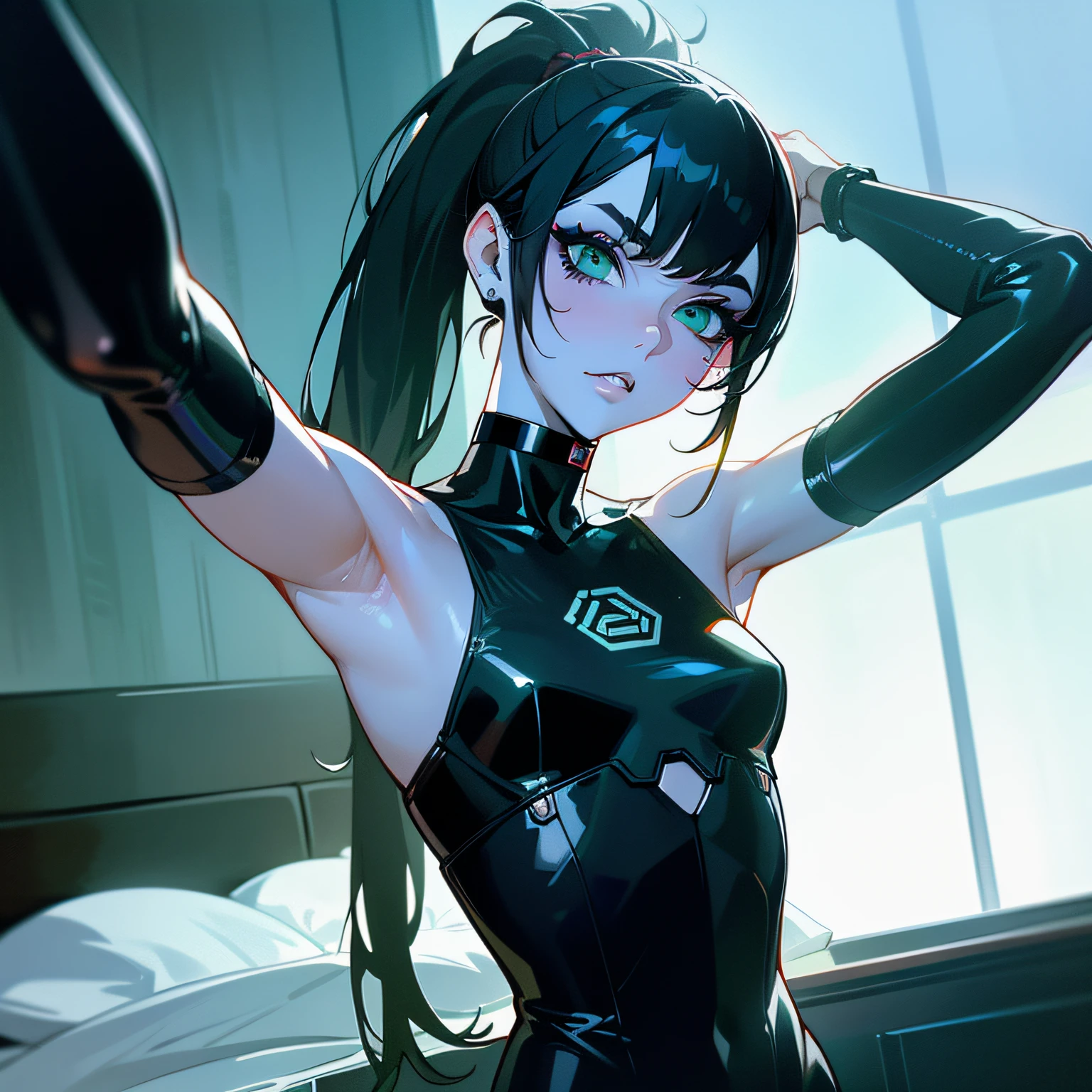 The female protagonist of a cyberpunk game, (green eyes, white skin, black hair with ponytail, choker, small breasts, slim, makeup, Eyeliner, gloss) , Black tech armor, restraint, arms tied up in bed, armpit, shibari, handcuffed, high detailed Future city at night in the back