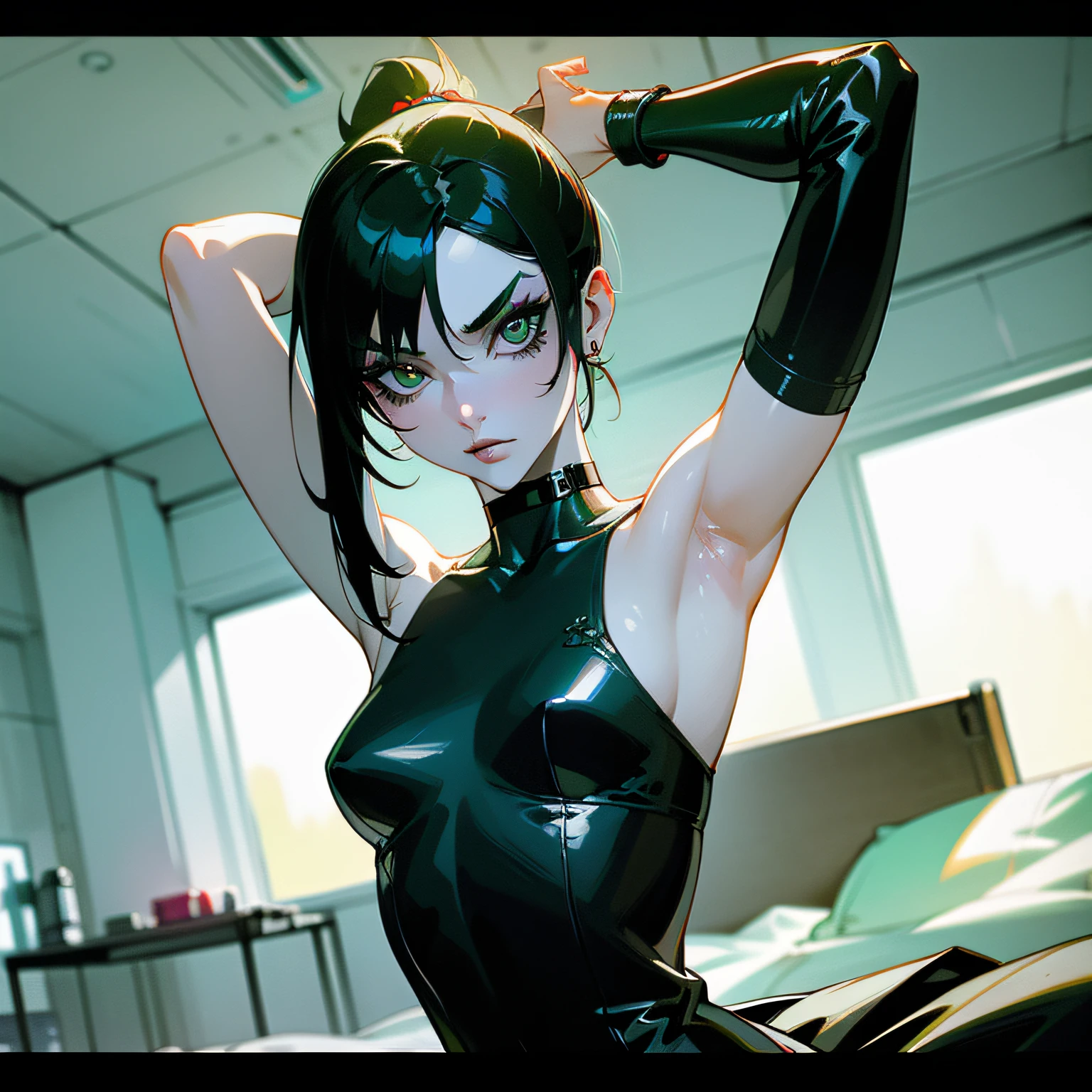 The female protagonist of a cyberpunk game, (green eyes, white skin, black hair with ponytail, choker, small breasts, slim, makeup, Eyeliner, gloss) , Black tech armor, restraint, arms tied up in bed, armpit, shibari, handcuffed, high detailed Future city at night in the back