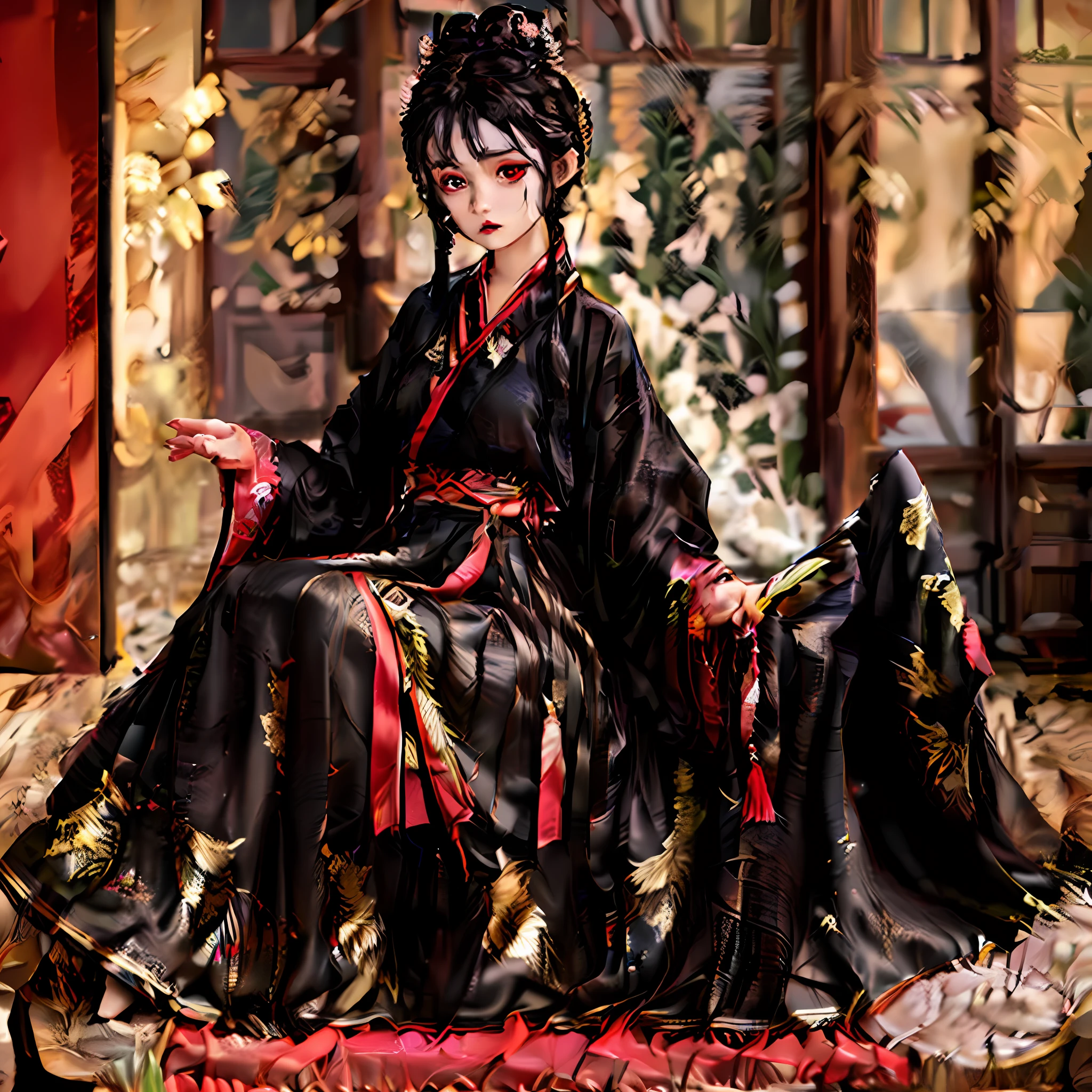 A beautiful girl with black hair and golden eyes, wearing a black and red kimono, holding a beak knife, with a tear mole in her left eye and a serious expression