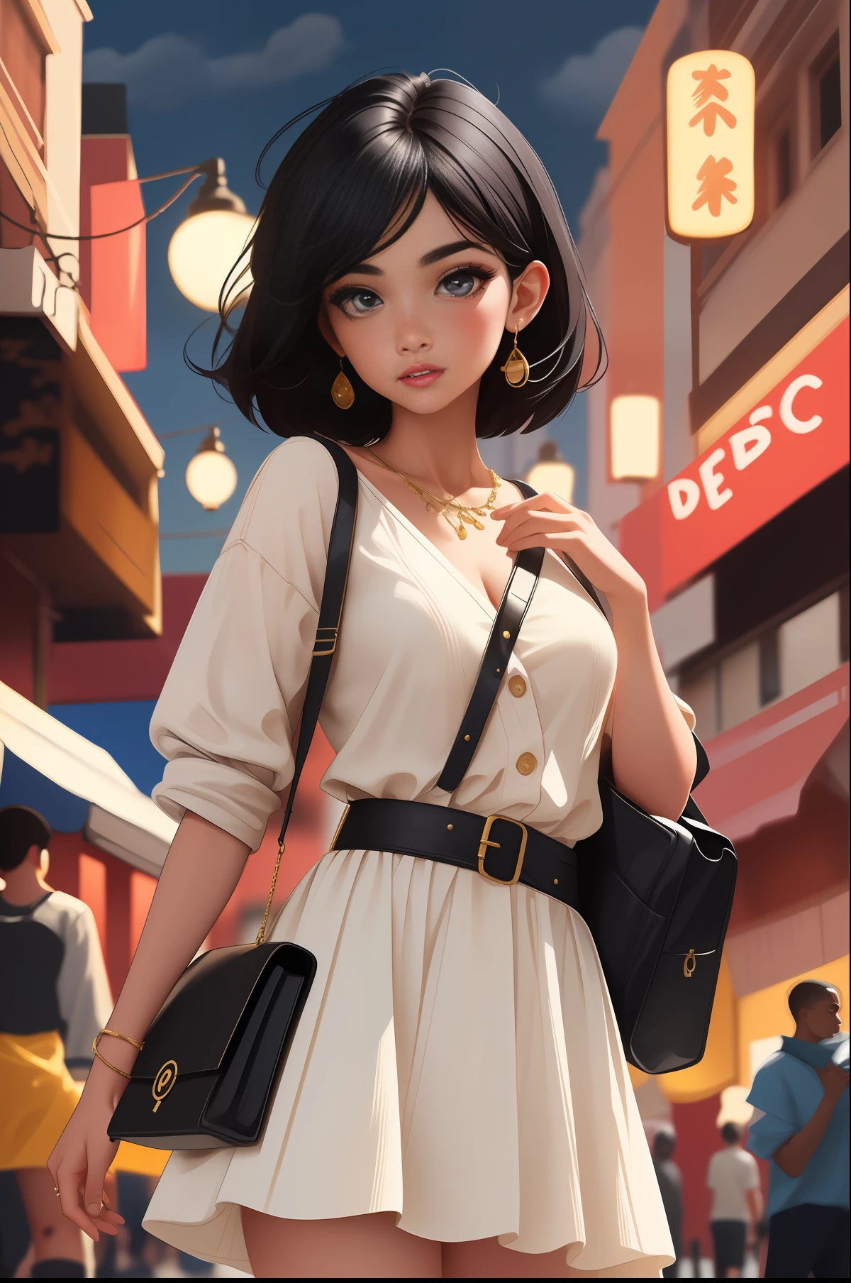 (halfbody shot,street lamps,moon),Masterpiece, 1girl, solo exhibition, beautiful woman on the bustling street, surrounded by hawkers, beautiful goddess girl portrait, beautiful and detailed face, porcelain skin, (((bust shot, center, night, black hair, short hair)), super soft lighting, symmetry, complexity, elegance, high detail, realism, art, concept art,