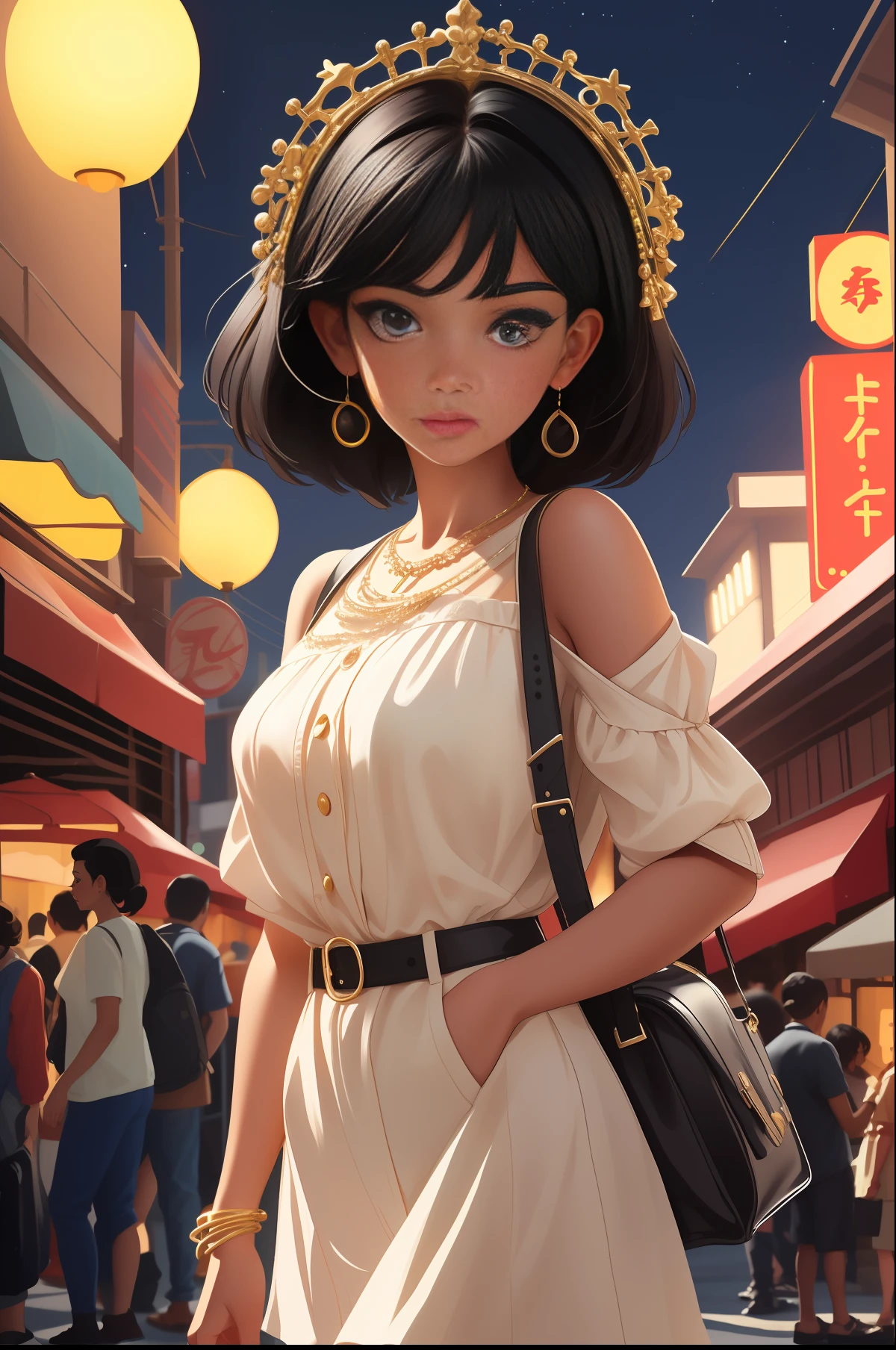 (halfbody shot,street lamps,moon),Masterpiece, 1girl, solo exhibition, beautiful woman on the bustling street, surrounded by hawkers, beautiful goddess girl portrait, beautiful and detailed face, porcelain skin, (((bust shot, center, night, black hair, short hair)), super soft lighting, symmetry, complexity, elegance, high detail, realism, art, concept art,