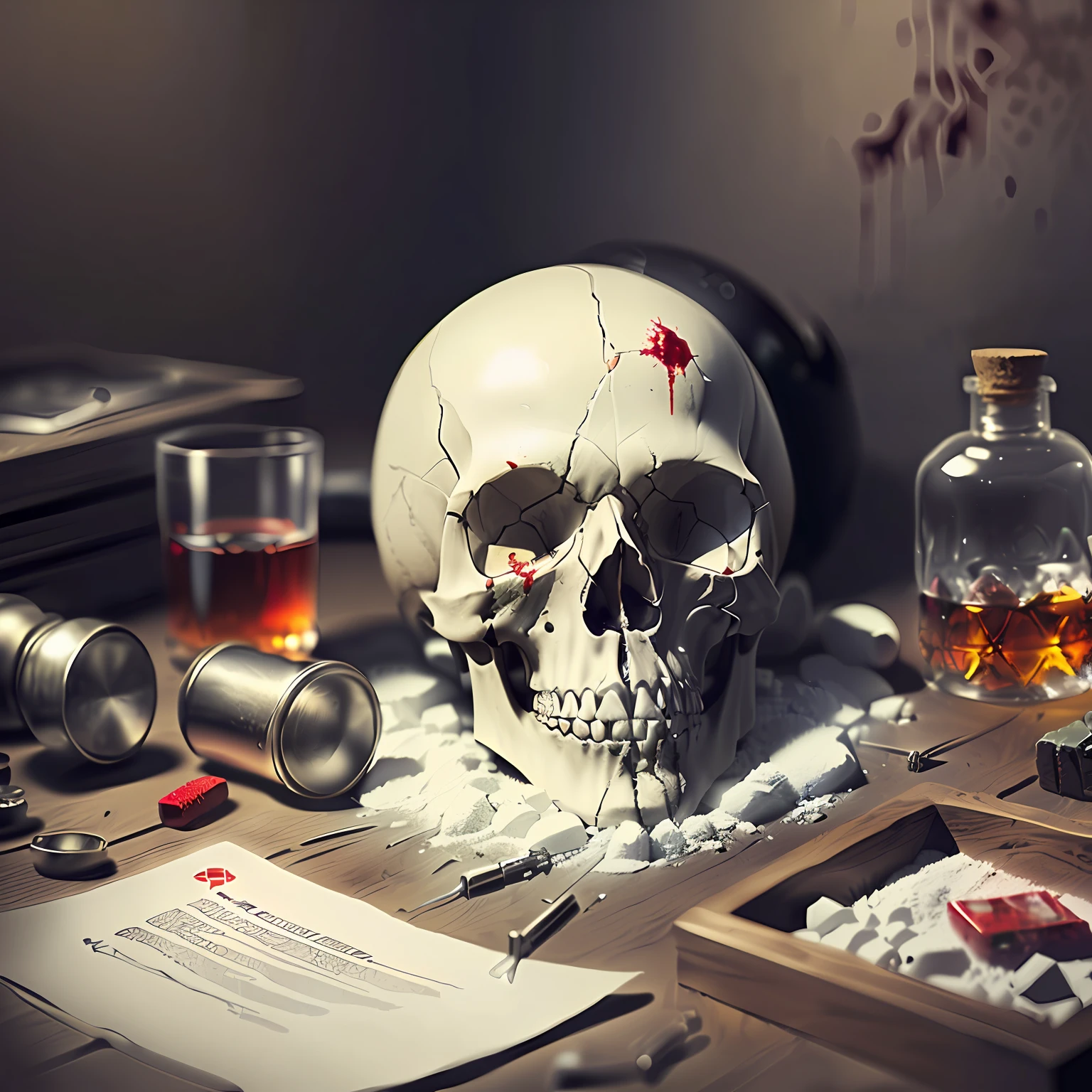 There is a picture of a skull, drugs, blood, Lycorisradiata, drug paraphernalia, cocaine, ecstasy, forbidden symbols, bloody handprints, needles --auto --s2