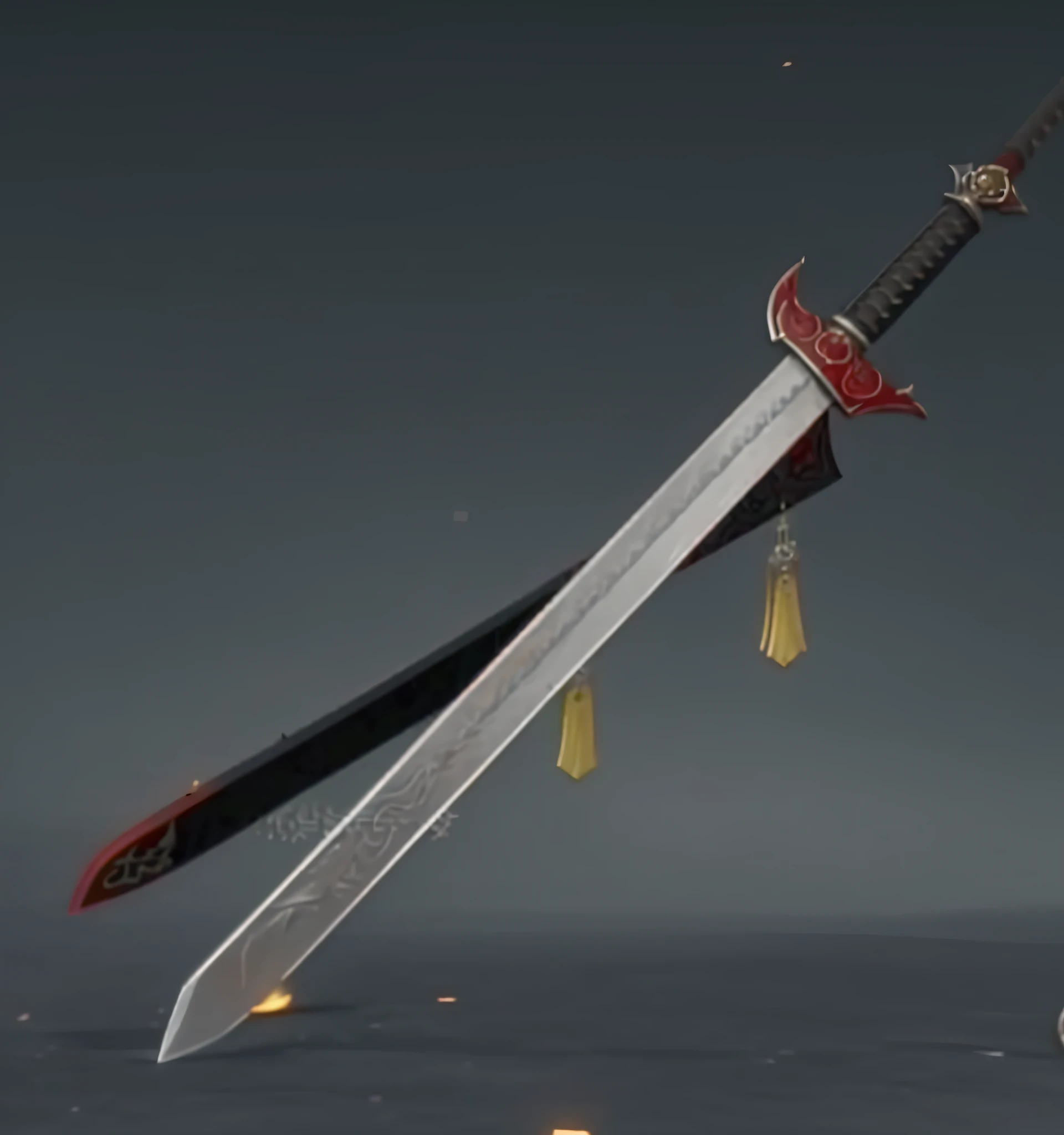 a close up of a sword with a red handle and a black blade, large sword, jiang sword, huge sword, big sword, war blade weapon, long sword, huge oversized sword, giant sword, basic steel sword, steel sword, fantasy sword, fantasy sword of warrior, chainsword in the other, rpg item render, holding a colossal sword, beautiful sword