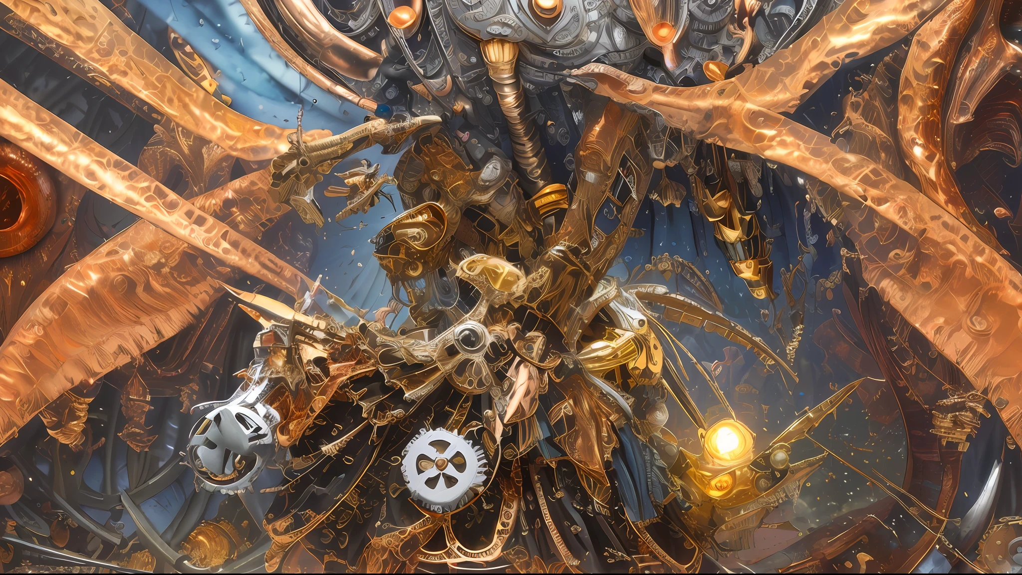 (masterpiece, best quality, absurdres:1.4), (highly detailed CG illustration), cinematic light, (official art:2.0), 1girl, upper body, mechanical wings, (by Dave Seeley:1.7), (Maximalism:2), (complicated background, complicated decorations, complicated dress, gold decorations, copper decorations:2), (red blood eyes, crying, tears:1.4), (eye mask:1.2), (extreme detailed:1.5),(fractal art:1.7),highest detailed, clockpunk, steampunk, gears, cubism, mechanical, dynamic pose,( implants:1.5)