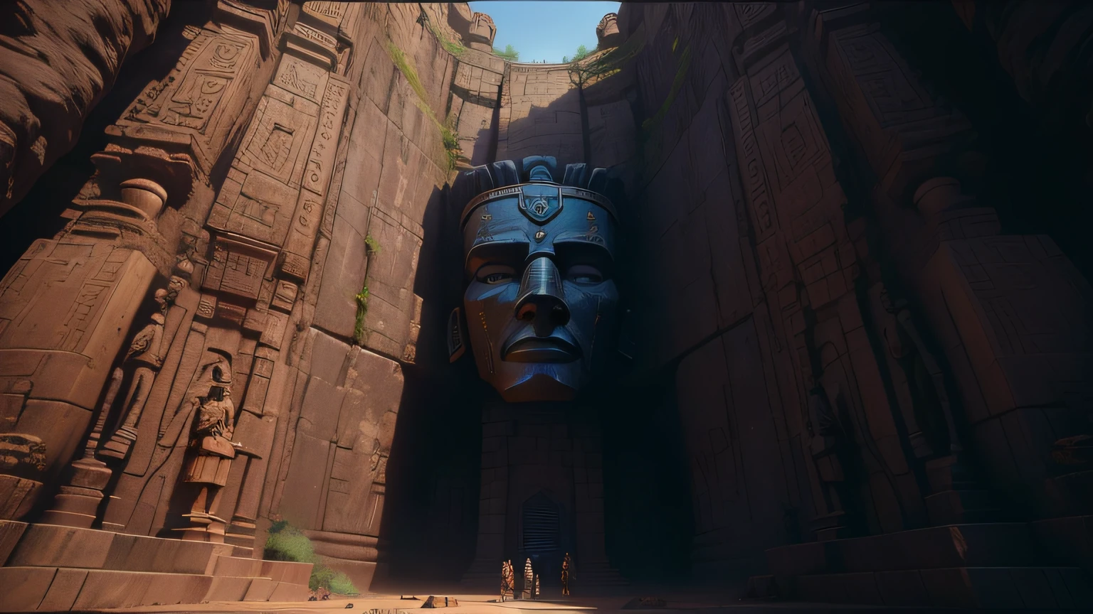 there is a large statue of a man in a canyon, unreal engine : : rave makeup, giant moai statues, epic khajuraho, cinematic!, 2019, frame from pixar movie, lost world, african god mask, secret overgrown temple, by Chris LaBrooy, wall ], vrchat, face shown, 2 0 1 9, deity