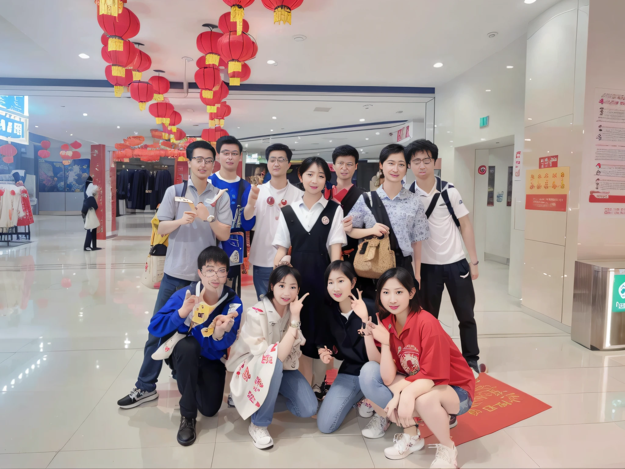 several people posing for a picture in a building with red lanterns, from china, with many travelers, taken with the best dlsr camera, in a mall, group photo, 8k)), cai xukun, competition winning, ssao 8 k, student, at a mall, inspired by Zou Yigui, chinese style, college, xision wu