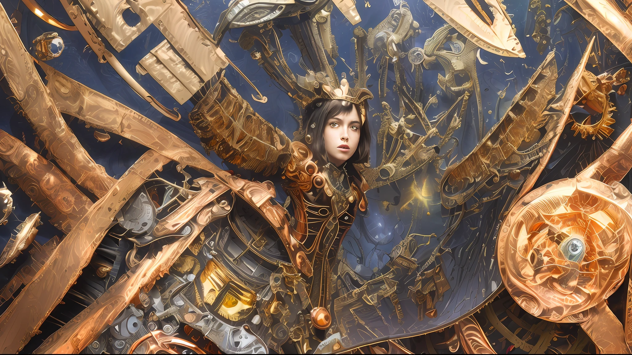 (masterpiece, best quality, absurdres:1.4), (highly detailed CG illustration), cinematic light, (official art:2.0), 1girl, upper body, mechanical wings, (by Dave Seeley:1.7), (Maximalism:2), (complicated background, complicated decorations, complicated dress, gold decorations, copper decorations:2), (red blood eyes, crying, tears:1.4), (eye mask:1.2), (extreme detailed:1.5),(fractal art:1.7),highest detailed, clockpunk, steampunk, gears, cubism, mechanical, dynamic pose,( implants:1.5)