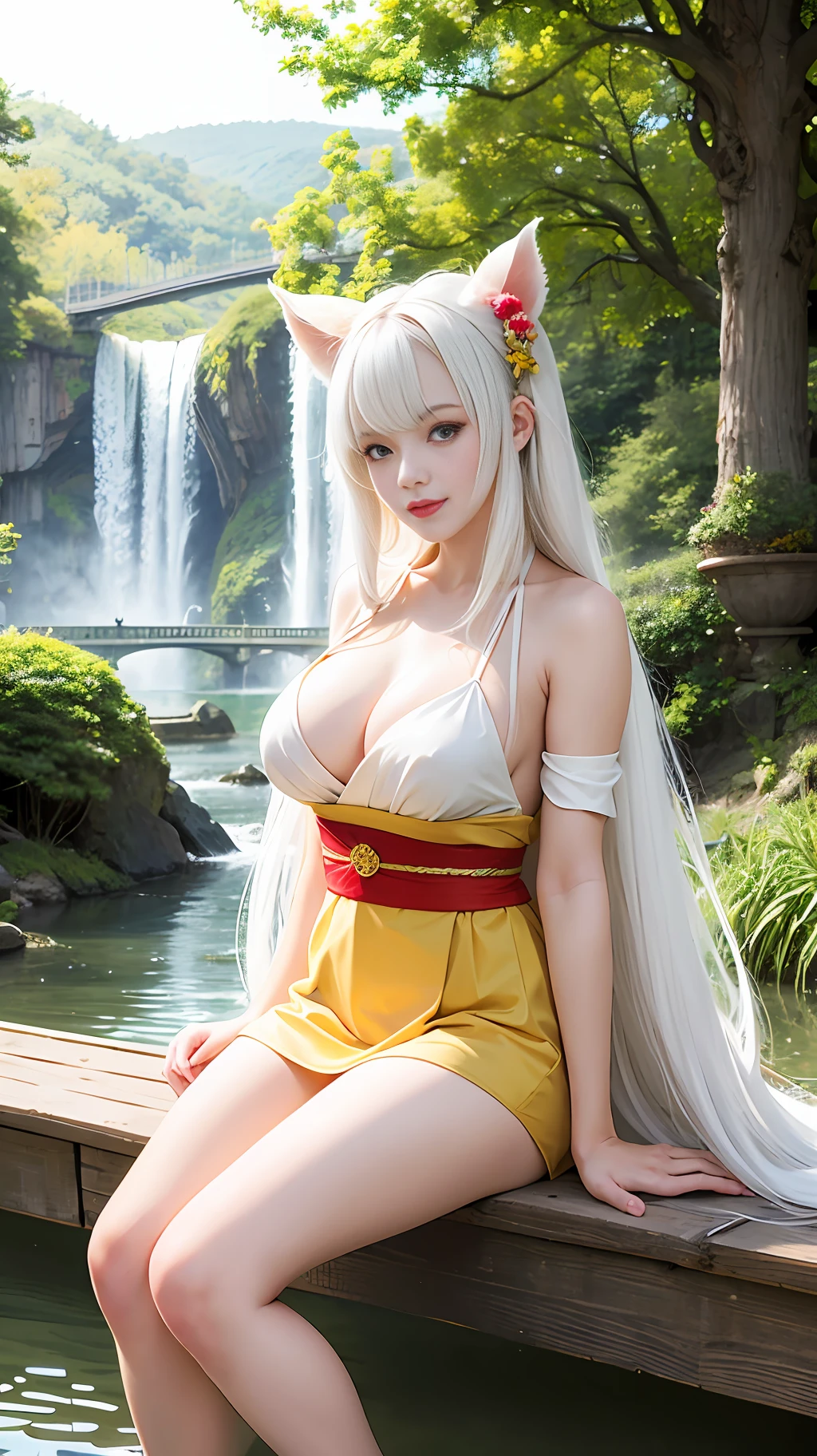 masterpiece, best quality, 1girl, yellow eyes, long hair, white hair, sitting, red kimono, large breasts, light smile, arms behind back, nature, hair ornament, animal ears, bridge, water