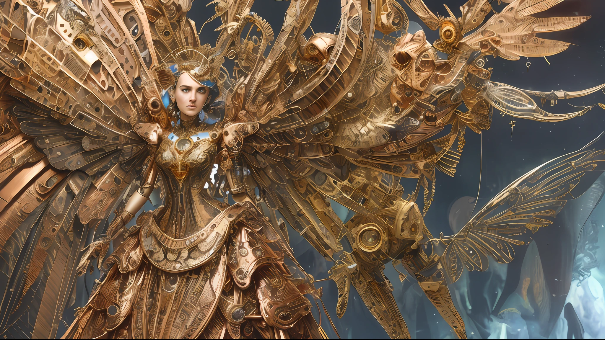(masterpiece, best quality, absurdres:1.4), (highly detailed CG illustration), cinematic light, (official art:2.0), 1girl, upper body, mechanical wings, (by Dave Seeley:1.7), (Maximalism:2), (complicated background, complicated decorations, complicated dress, gold decorations, copper decorations:2), (red blood eyes, crying, tears:1.4), (eye mask:1.2), (extreme detailed:1.5),(fractal art:1.7),highest detailed, clockpunk, steampunk, gears, cubism, mechanical, dynamic pose,( implants:1.5)