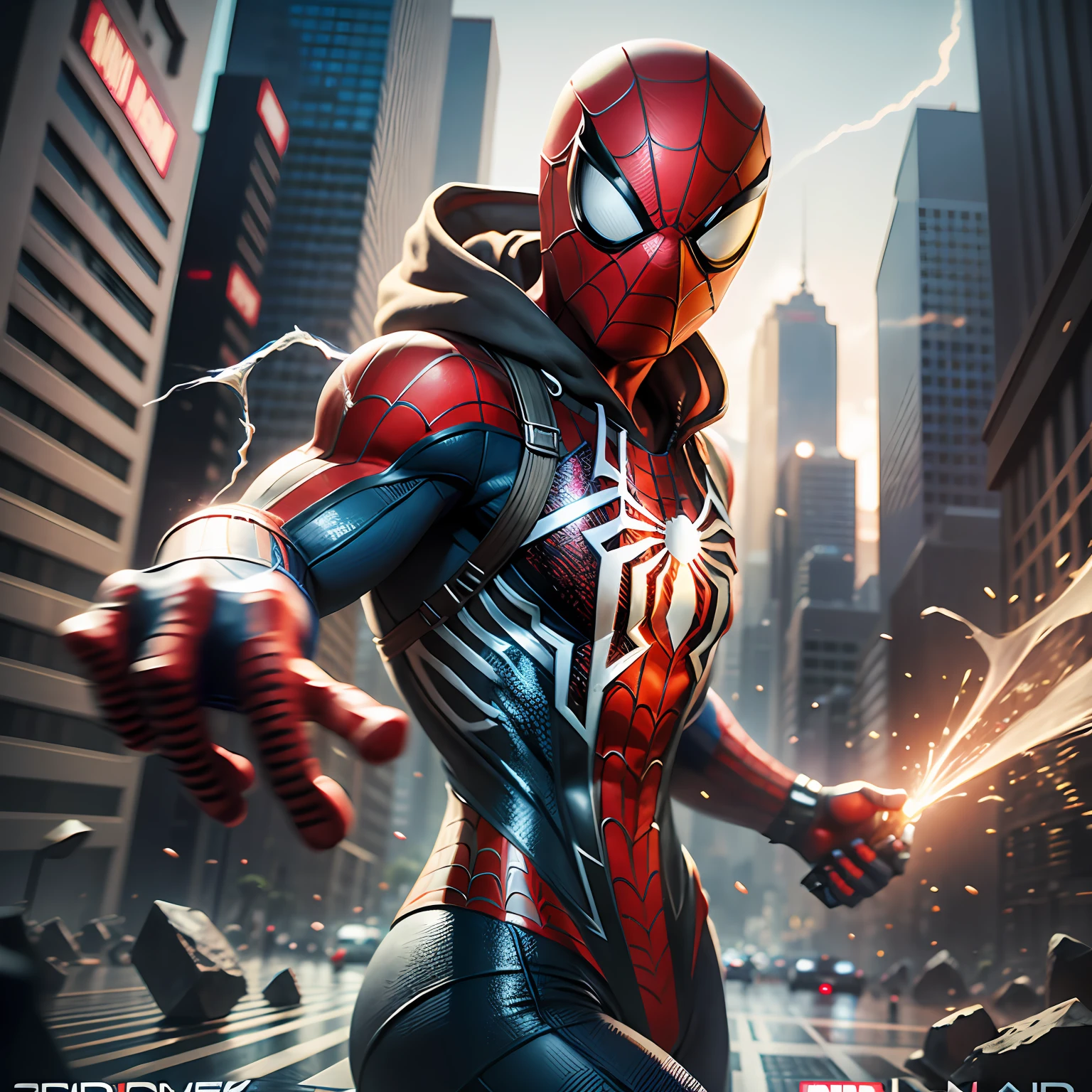 Hollywood film cover poster designs, Spider - Man jumps up and shoots spider silk, Fisheye lens, Ultra Low Angle Viewing Angle, Asymmetrical Composition, hyper - realistic, video game world, inspired by spider - Man, rainy, hyper - realistic, roaring, many details, glow effect, Wide - angle view, high detail, Detail Shot( ECU) , Unreal Engine, Quixel Megascans Render, 3D, 8K,--ar 3:4 --s 750 --v 5 --q 2 --auto --s2