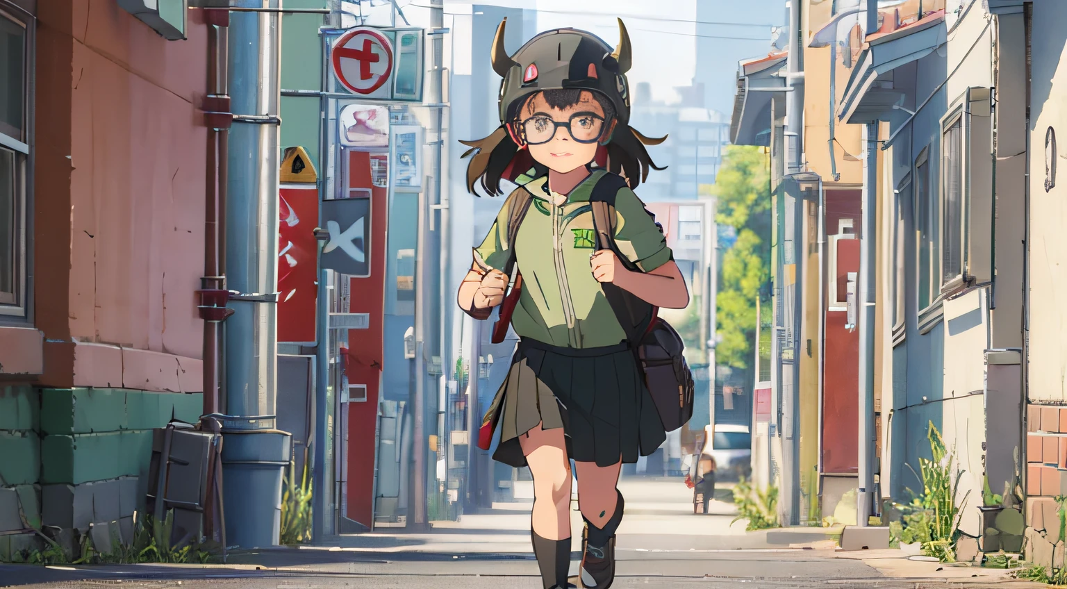 -year girl bull demon helmet, carrying olive green backpack, denim strap skirt, black-framed glasses, three views, full body shot, running to school, Pux style-ar 16:9 --auto --s2