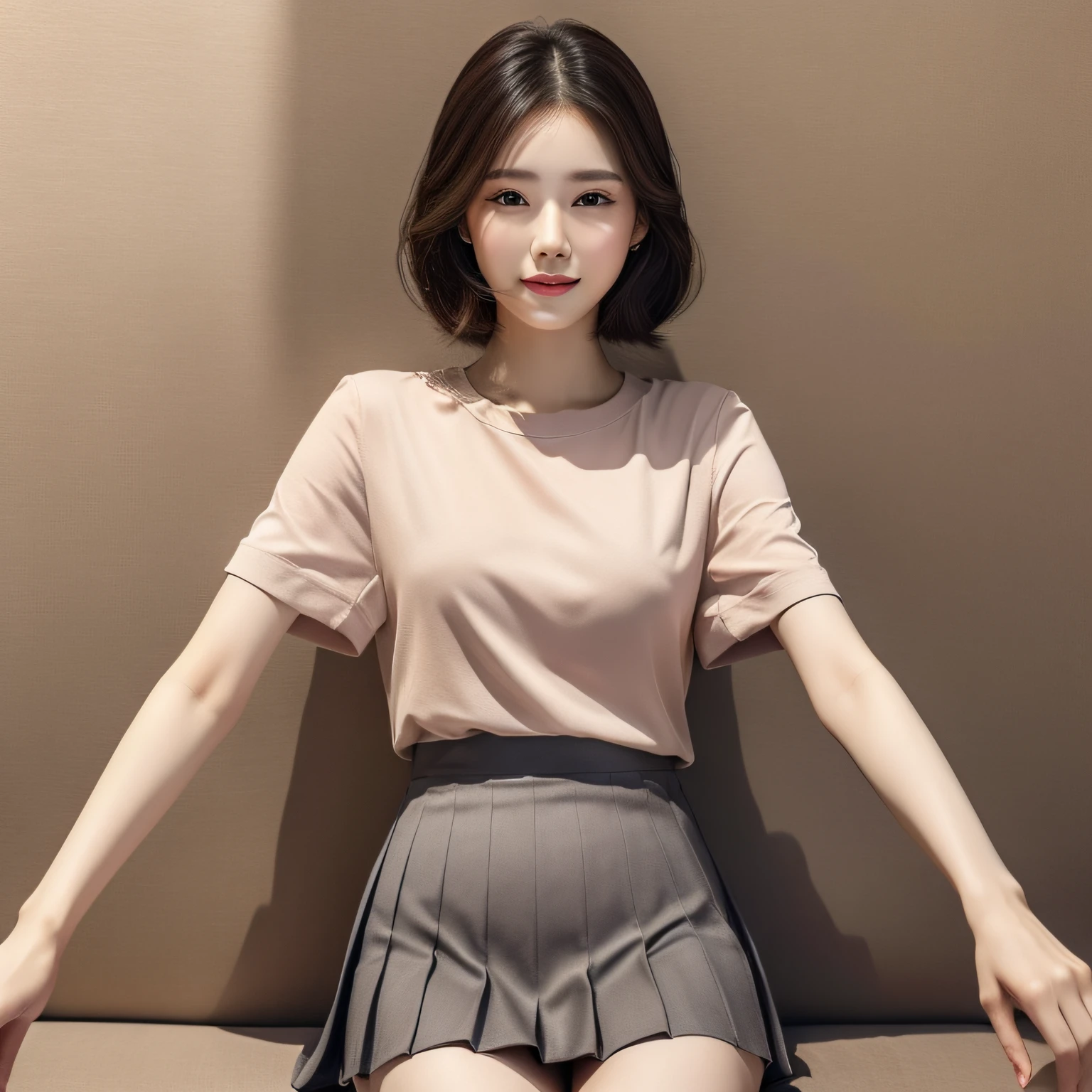 (A Korean girl: 1.5), (a woman), ((Best quality, 8K, Masterpiece: 1.3)), Sharp focus: 1.2, Above knee frame, Visible above knee, Perfect figure: 1.4, Slim: 1.2, happy expression, smile, brown short sleeve t-shirt, short sleeve t-shirt, with pleated skirt, with complementary tones, elegant, highly fine face and skin texture, detailed eyes, double eyelids, long eyelashes, fine eyelashes, fine cloth texture