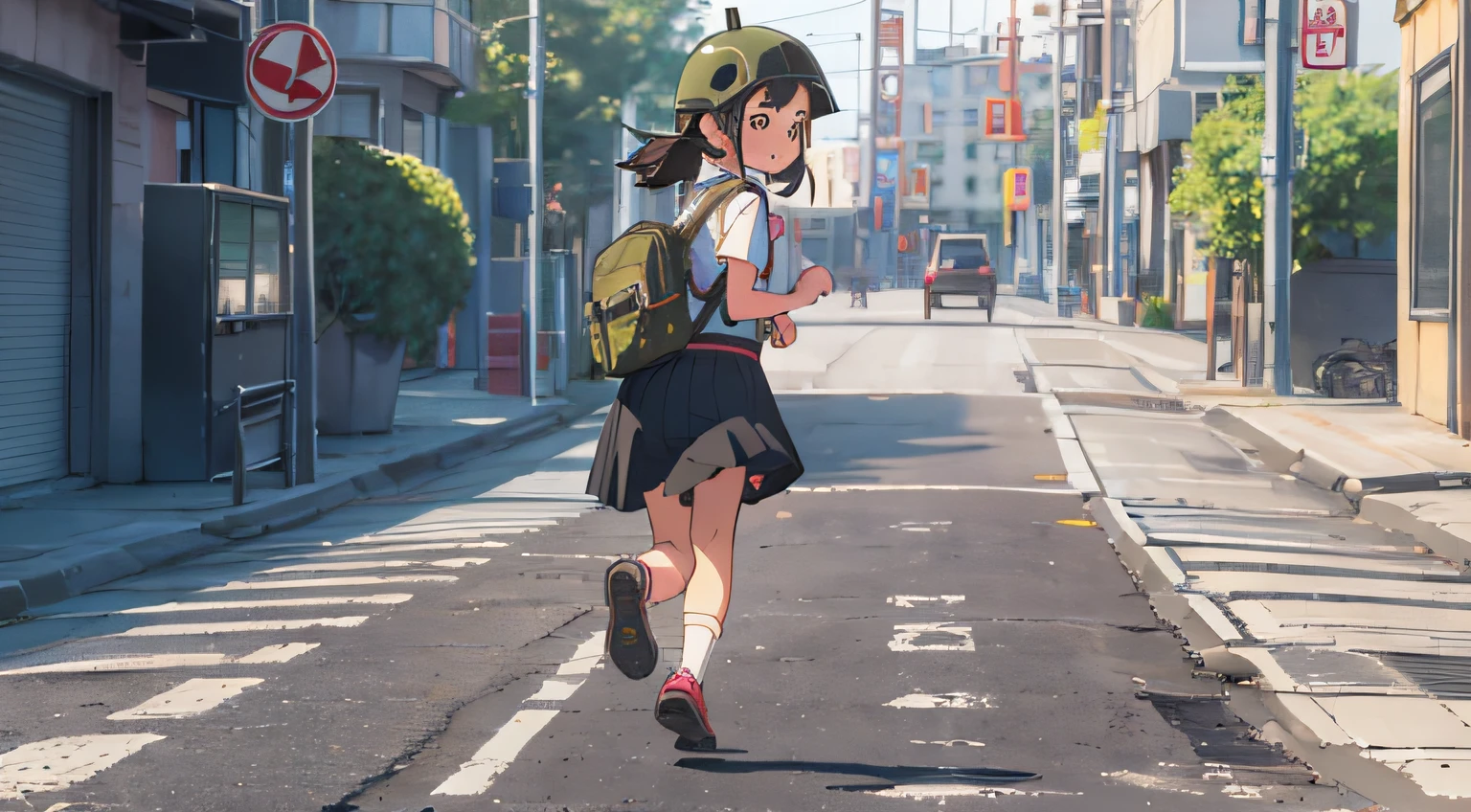 Five-year-old girl in bull demon helmet, carrying olive green backpack, denim strap skirt, black-framed glasses, three views, full body shot, running to school, Pux style-ar 16:9 --auto --s2