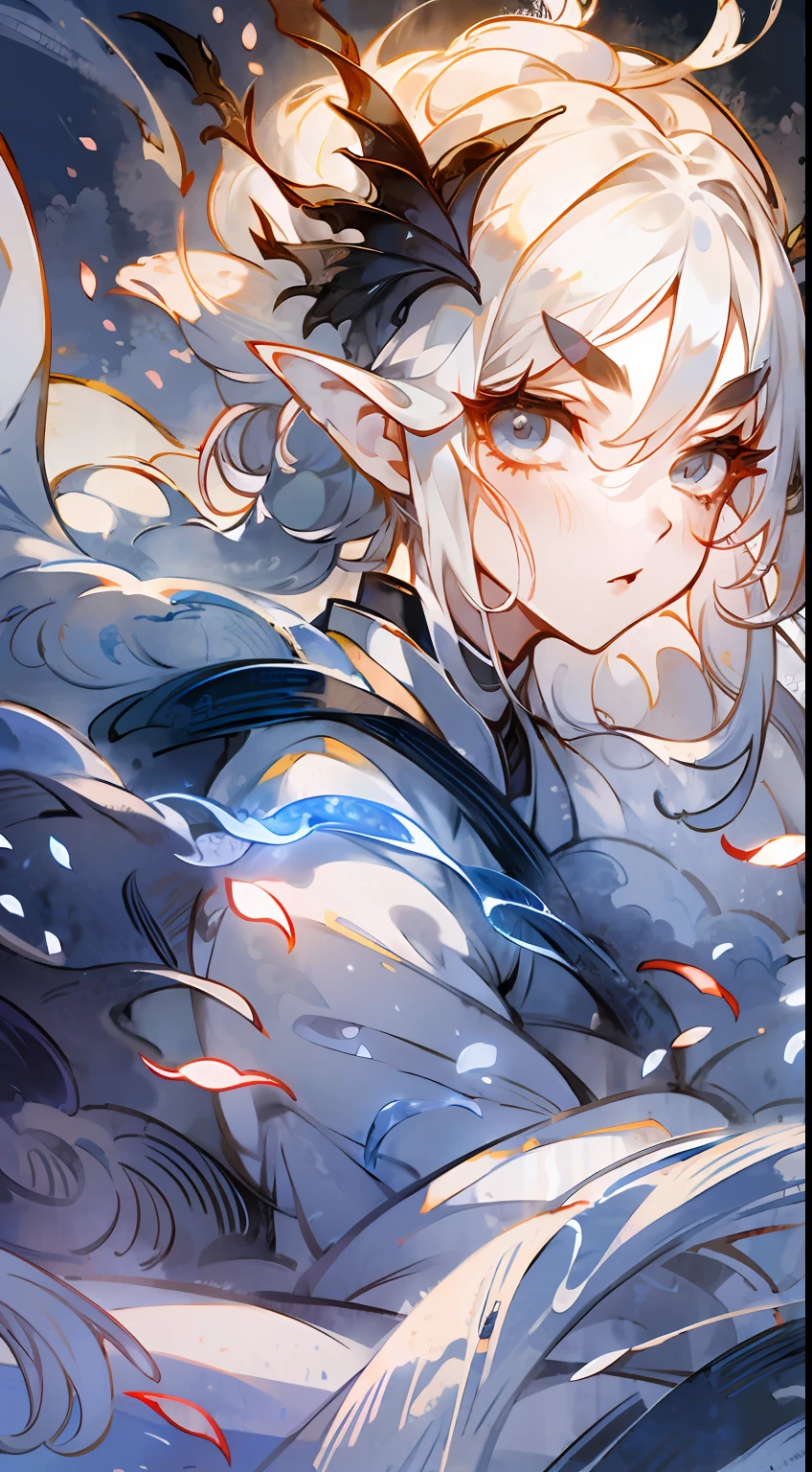 Flowing ink painting style, dragon girl, super clear face close-up, magnificent epic scene, delicate face, clear eyebrows and eyes, phoenix eyes, flying hair, fair skin, transparent white yarn, wearing white clothes, POV view, flowing sleeves, fluorescent black, dynamic flame background, blank leave, huge Chinese blade attack viewer