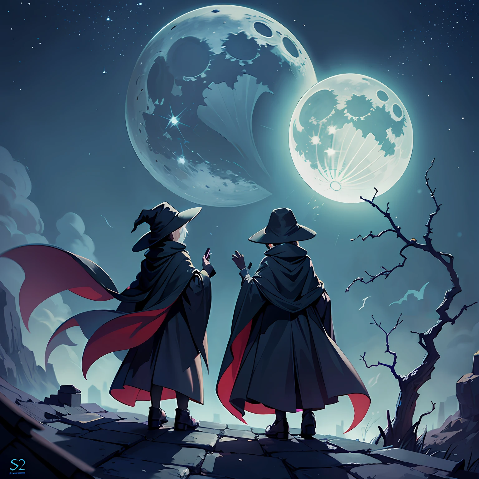 Two little mages in black cloaks, back, moon in the sky, night, roof, bat, weird branches, Cthulhu style --auto --s2