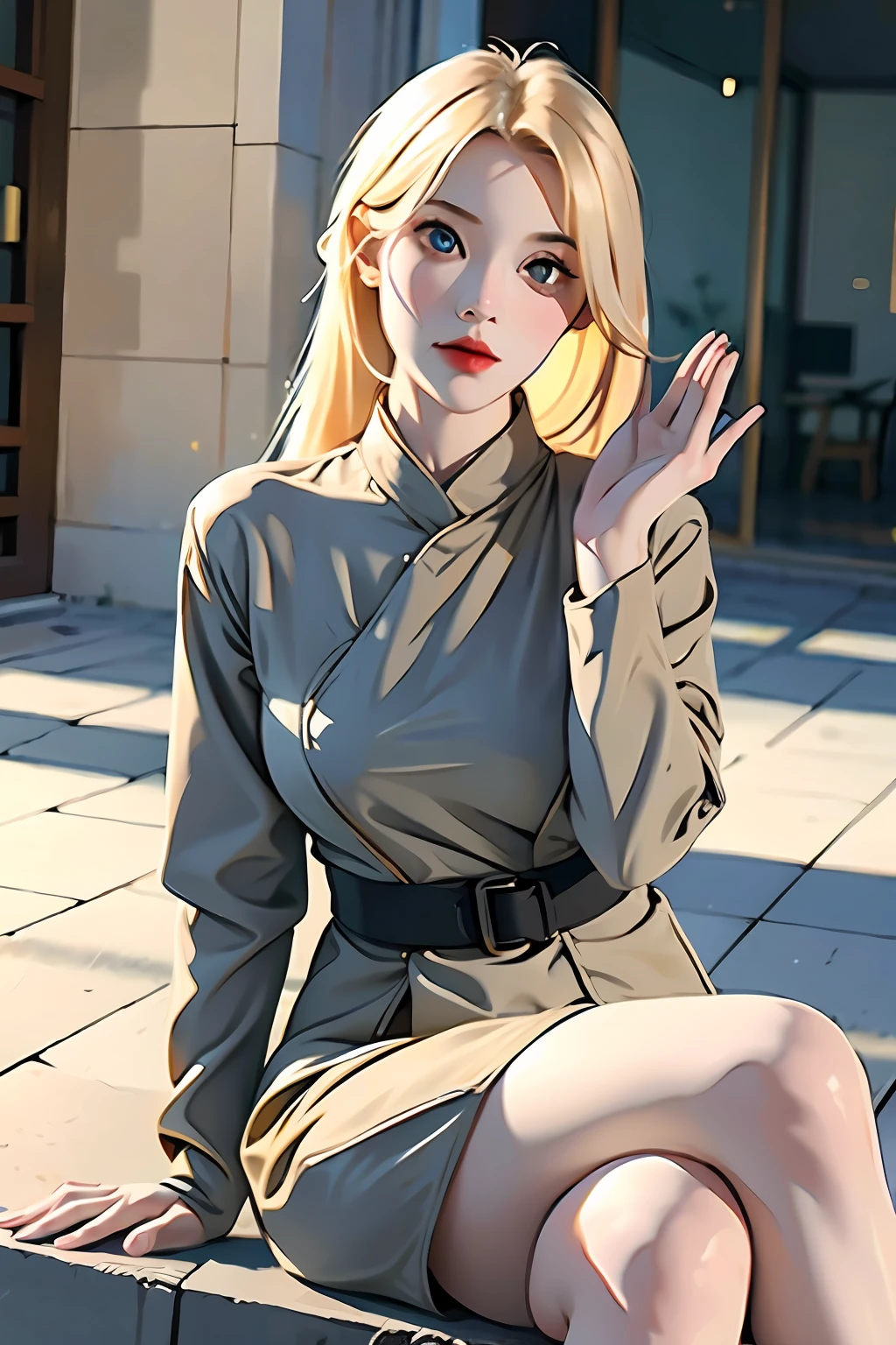1girl, sharp lines, grey skin, blonde hair, grey accents, heavy lighting, dark yellow jacket, small breasts, dull colors, petite body, sitting, hand over knee, 5 fingers,