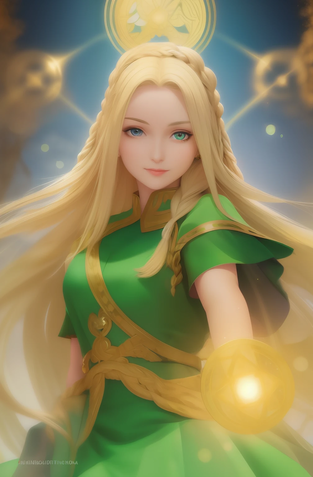 best quality, masterpiece, upper body,
(adult:1.6) ukrainian woman, (smirk:0.4), 
braided blonde hair,
emerald eyes,
medieval sundress,
 floating light particles, centered,