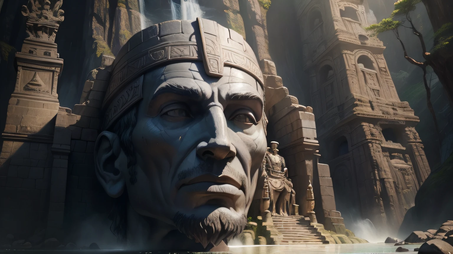 arafed statue of a man in a cave with a waterfall, cinematics, inca, by Thomas Crane, gigantic monster, by Víctor Manuel García Valdés, lost temple, 4k panoramic, moai, n 2, monoliths